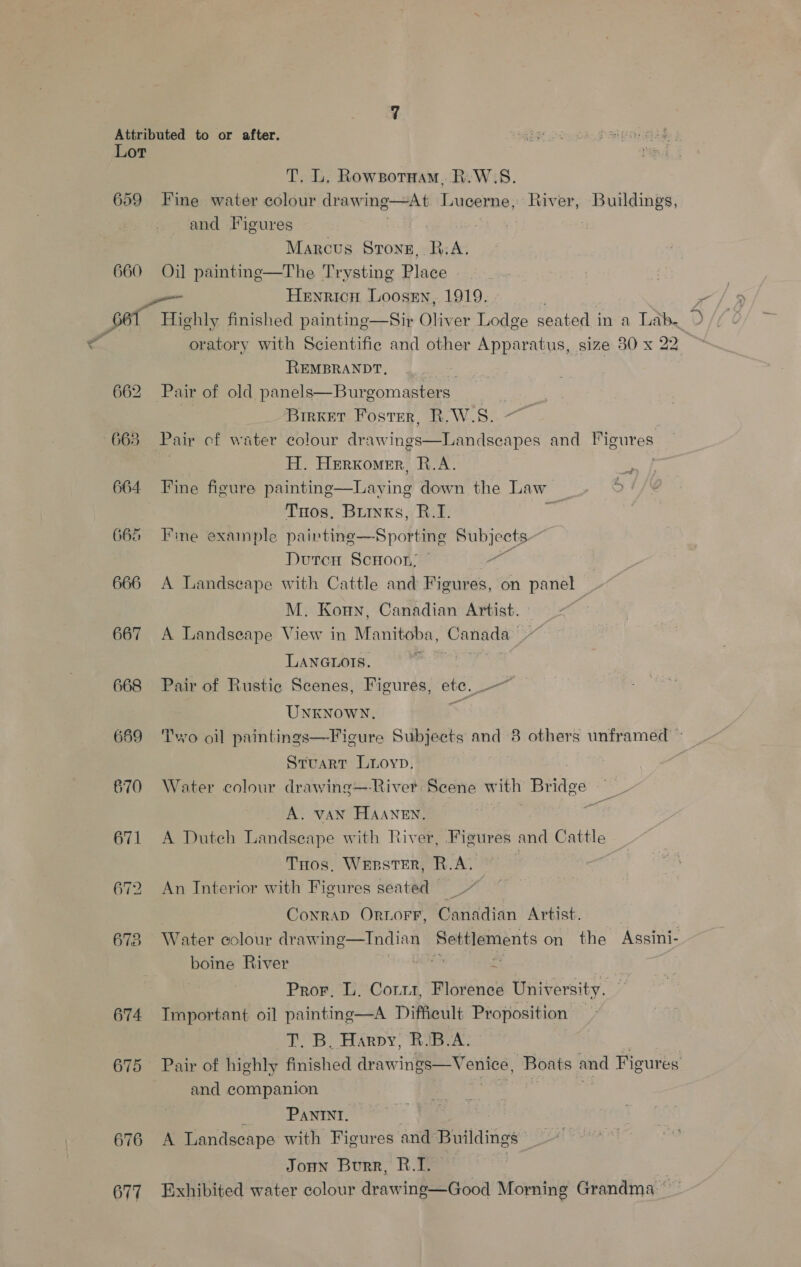 Lot T. L, Rowzotnam, R.W.S. 659 Fine water colour drawing—At. Lucerne, River, Leia ct hd and Figure ties Strong, RA. 660 Oil painting—The Trysting Place - _ Henricn Loosen, 1919. oratory with Scientific and other Apparatus, size 80 x 22 REMBRANDT, . 662 Pair of old panels—Burgomasters Birket Foster, R.W.S. H. Herxomer, f.A. 664 Fine figure painting—Laying down the Law Tnos, Brinks, R.I. ; 665 Fine example painting—Sporting aS Duten Scroor,; 666 A Landscape with Cattle and Figures, on panel M. Kony, Canadian Artist. or. A Landseape View in Manitoba, ‘Canada be LANGLOIS. 668 Pair of Rustic Scenes, Figures, ete. —~ UNKNOWN, &gt; reins es 670 Water colour drawing—-River Scene with Bridge: A. VAN HAANEN. 671 A Dutch Landseape with River, Figures and Cattle Thos, WepstTEr, R.A. 672 An Interior with Figures seated _ Conrad Ornorr, Canadian Artist. 673 Water colour drawing—Indian- Settlements on the Assini- boine River Pror, L. Cort, Florence University. 674 Important oil painting—A Difficult Proposition — T. B. Harpy, RIB.A. 675 Pair of highly finished sii ee enice, Boats and Figures and companion A PANINI. 676 A Landscape with Figures and Buildings Jonn Burr, R.1. | 677 Exhibited water colour drawing—Good Morning Grandma”