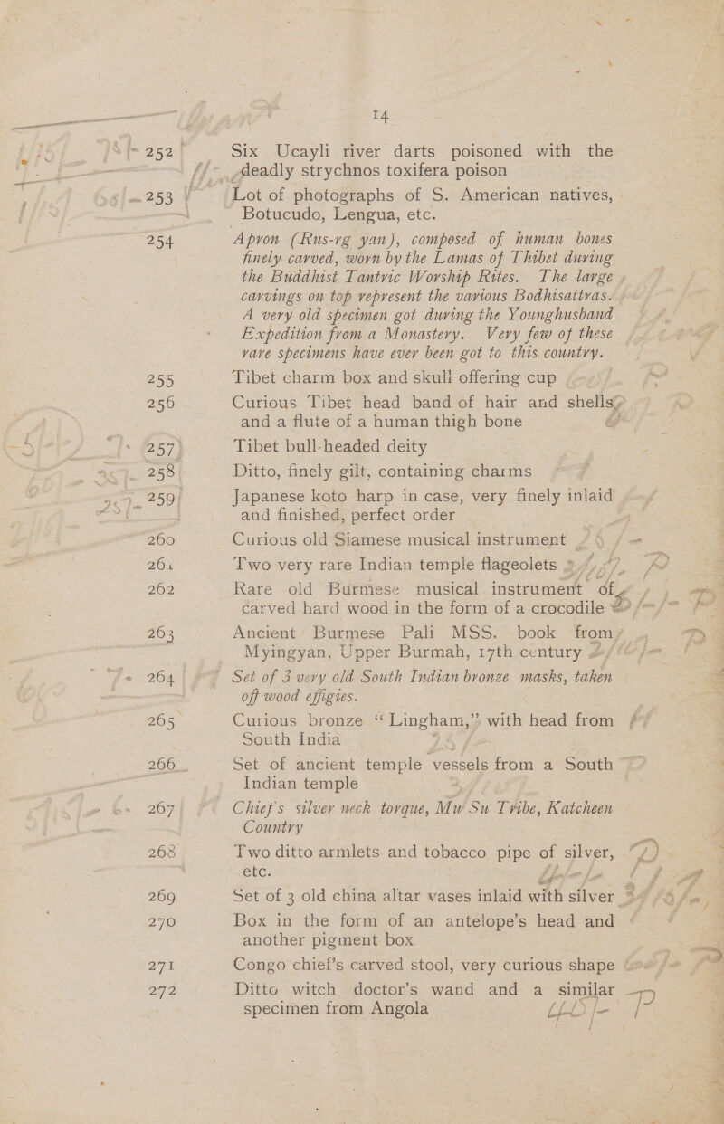 254 25) 2506 258 260 20% 262 269 270 Bot 242 14 Six Ucayli river darts poisoned with the Lot of photographs of S. American natives, | Apron (Rus-vg yan), composed of human bones finely carved, worn by the Lamas of Thabet during the Buddhist Tantric Worship Rites. The large carvings on top vepresent the various Bodiisaitras. A very old specimen got during the Younghusband Expedition from a M onastery.. Very few of these vave specimens have ever been got to this. COUT Tibet charm box and skuli offering cup | Curious Tibet head band of hair and suet, and a flute of a human thigh bone Tibet bull-headed deity Ditto, finely gilt, containing charms Japanese koto harp in case, very finely inlaid and finished, perfect order Curious old Siamese musical instrument _ Ji f= Two very rare Indian temple flageolets ».7,¢7, Av Rare old Burmese musical instrument 8g 7 fy = carved hard wood in the form of a crocodile ES Ancient’ Burmese Pali MSS. book roy, oe Myingyan, Upper Burmah, 17th century « fant off wood effigtes. Curious bronze ‘“ Lingham,” » with head from /~ South India | Set of ancient temple vessels from a South Indian temple Country Two ditto armlets and tobacco pipe Be silver, “/) etc. Unie fn 4 f eh Set of 3 old china altar vases inlaid with fe 34 Fife Box in the form of an antelope’s head and another pigment box Congo chief’s carved stool, very curious shape “= /= Ditto .witch +doctor’s «wand and a similar — specimen from Angola. LED |- e