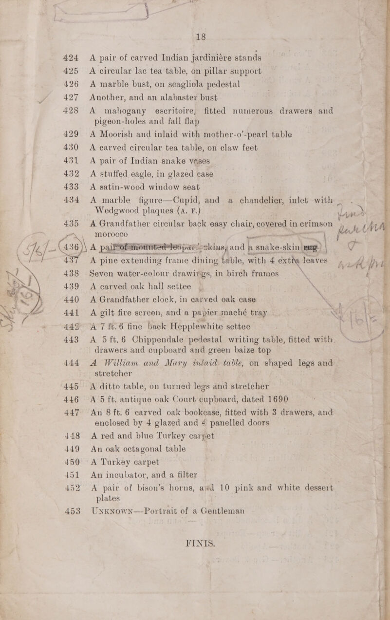  18 424 A pair of carved Indian jardiniére stands 426 A marble bust, on scagliola pedestal | 427 Another, and an alabaster bust 428 A mahogany escritoire, fitted numerous drawers and pigeon-holes and fall flap 429 A Moorish and inlaid with mother-o’-pearl table 430 A carved circular tea table, on claw feet 431 A pair of Indian snake vases 432 &lt;A stuffed eagle, in glazed case 433 A satin-wood window seat 434 &lt;A marble figure—Cupid, and a chandelier, inlet with _ Wedgwood plaques (A. F.) 435 A Grandfather circular back easy chair, covered i in crimson ’ “. morocco tage | be ae  BG prt skins, and | a mun, skin mg Ciea 437 A pine extending ‘frame dining table, with 4 extta roy ai ro 438 Seven water-colour drawirgs, in birch frames NG | Eg 439 A carved oak hall settee ~ | | \ : F 440 A Grandfather clock, in carved oak case . oo iF 444i A oilt fire screen, and a papier maché tray XG eae te i 442° A 7 ft. 6 fine back Hepplewhite settee : ( os \ . yp 443 A 5ft.6 Chippendale pedestal writing table, fitted with. “..-— drawers and cupboard and green baize top 444 A William and Mary iniaid table, on shaped legs and stretcher 445 A ditto table, on turned legs and stretcher 446 &lt;A 5 ft. antique oak Court cupboard, dated 1690 447 An 8ft.6 carved oak bookcase, fitted with 3 drawers, and ) enclosed by 4 glazed and 4 panelled doors é 448 A red and blue Turkey carpet 449 An oak octagonal table 3 : 4590 A Turkey carpet : | 451 An incubator, and a filter 452 A pair of bison’s horns, aed 10 pink and white dessert | plates 453 Unknown—Portrait of a Gentleman Tes : = a es Se FINIS.
