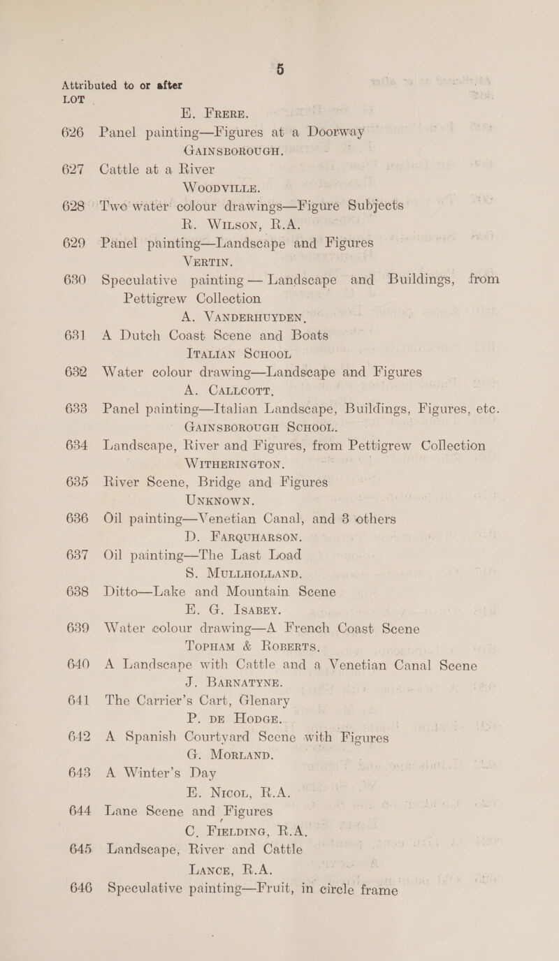 626 627 630 632 633 634 637 638 640 641 643 644 645 646 Ei. FRERE. Panel painting—Figures at a Eroon wai! GAINSBOROUGH, Cattle at a River WOODVILLE. R. Wiuson, R.A. VERTIN.— Speculative painting — Landscape and Buildings, from Pettigrew Collection | A. VANDERHUYDEN, Water colour drawinge—Landscape and De A. CALLCOTT: Panel painting—Italian Landscape, Buildings, Figures, ete. GAINSBOROUGH SCHOOL. Landscape, River and Figures, from Pettigrew Collection WITHERINGTON. UNKNOWN. soe D. FARQUHARSON. Oil paintinge—The Last Load S. MULLHOLLAND, Ditto—Lake and Mountain Scene EK. G. ISABEY. TopHAM &amp; RoBERTS, ; A Landscape with Cattle and a Venetian Canal Scene J. BARNATYNE. The Carrier’s Cart, Glenary PA Wer thlopGn... | A Spanish Courtyard Scene with Figures G. Moruanp. A Winter’s Day E. Nicou, B.A. Lane Scene and Figures C, Fretpine, R.A. Landseape, River and Cattle Lance, R.A. , Speculative painting—Fruit, in circle a