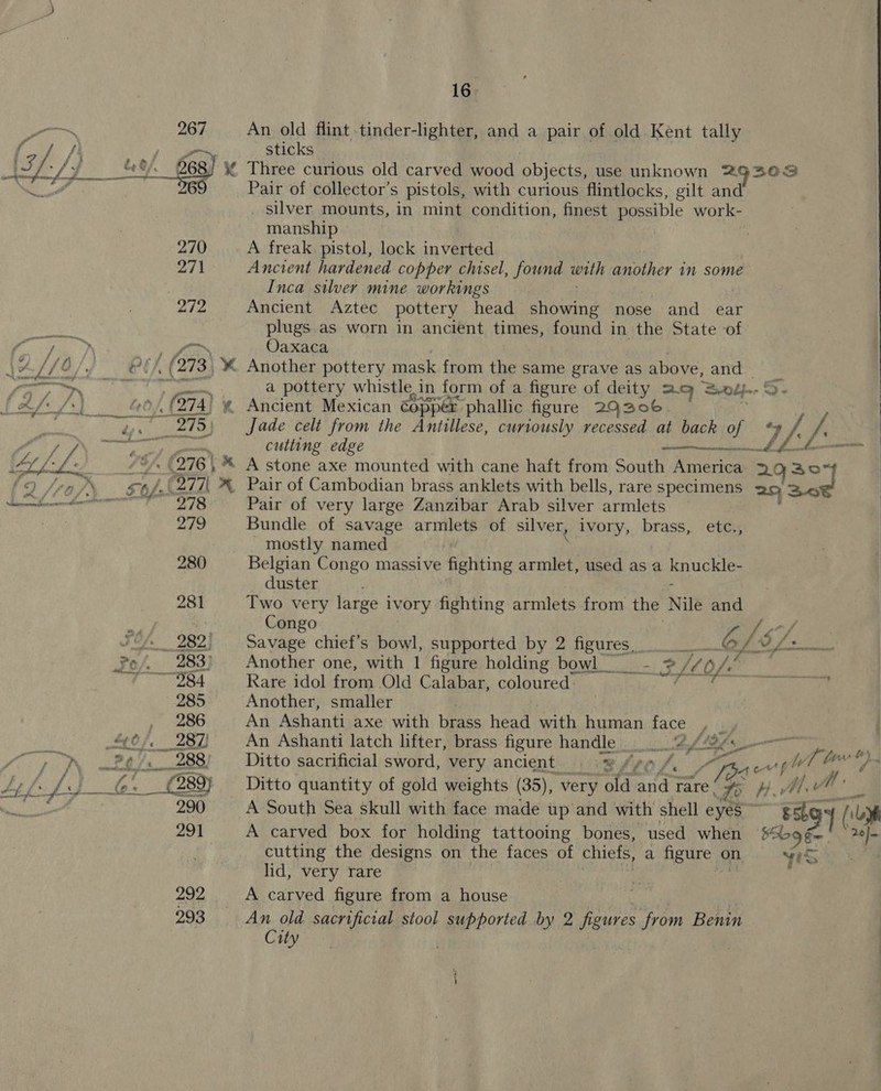  An old flint tinder-lighter, and a pair of old Kent tally sticks Three curious old carved wood objects, use unknown 2G3023 Pair of collector’s pistols, with curious flintlocks, gilt and _ silver mounts, in mint condition, finest possible work- manship A freak. pistol, lock inverted Ancient hardened copper chisel, found with another in some Inca silver mine workings . Ancient Aztec pottery head showing nose and ear plugs as worn in ancient times, found in the State of Oaxaca a pottery whistle. in form of a figure of deity aq Sos 9. Jade celt from the Antillese, curiously recessed at back of cutting edge eT ear we tg Pair of Cambodian brass anklets with bells, rare specimens ag Pair of very large Zanzibar Arab silver armlets Bundle of savage armlets of silver, ivory, brass, mostly named | Belgian Congo massive fighting armlet, used as a uc duster Two very large iv vory fighting armlets from the Nile and Congo af han Savage chief’s bowl, supported by 2 figures, % 6/% Ae a if , fa 25 34 Cro Another one, with 1 figure holding bowl. _- Rare idol from Old C alabar, coloured Another, smaller An Ashanti axe with brass head with human face , _, An Ashanti latch lifter, brass figure handle 4 8's fof oa Se a     Di st [gy Mi itto quantity of gold weights (35), very old and rare eH. Al A South Sea skull with face made up and with shell éyec sskgy A carved box for holding tattooing bones, used when loge cutting the designs on the faces of chiefs, a figure © on 4S lid, very rare A carved figure from a house An old sacrificial stool : hai by 2 figures from Benin City 20}