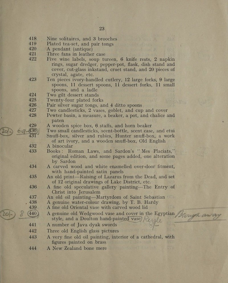 Nine solitaires, and 3 brooches Plated tea-set, and pair tongs A pendant (antique) Three fans in leather case Five wine labels, soup tureen, 6 knife rests, 2 napkin rings, sugar dredger, pepper-pot, flask, dish stand and cover, cut-glass inkstand, cruet stand, and 20 pieces of crystal, agate, etc. Ten pieces ivory-handled cutlery, 12 large forks, 9 large spoons, 11 dessert spoons, 11 dessert forks, 11 small spoons, and a ladle Two gilt dessert stands Twenty-four plated forks Pair silver sugar tongs, and 4 ditto spoons Two candlesticks, 2 vases, goblet, and cup and cover Pewter basin, a measure, a beaker, a pot, and chalice and paten A wooden spice box, 6 staffs, and horn beaker Two small candlesticks, scent-bottle, scent case, and etui Snuff-box, silver and rubies, Hunter snuff-box, a work of art ivory, and a wooden snuff-box, Old English A binocular | Books: Roman Laws, and Sardon’s ‘‘ Mes Placiats,”’ original edition, and some pages added, one alteration by Sardon A carved wood and white enamelled over-door fitment, with hand-painted satin panels An old print—Kaising of Lazarus from the Dead, and set of 12 original drawings of Lake District, etc. A fine old speculative gallery painting—The Entry of Christ into Jerusalem An old oil painting—Martyrdom of Saint Sebastian A genuine water-colour drawing, by T. B. Hardy A fine old Oriental vase with carved wood lid style, and a Doulton hand- -painted va ase) / A number of Java dyak swords ; Ce Three old English glass pictures A very fine old oil painting, interior of a cathedral, with figures painted on brass A New Zealand bone mere