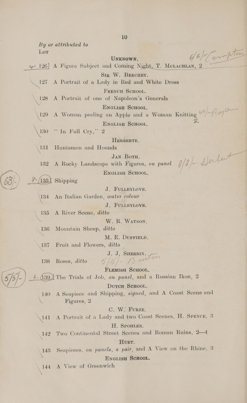 Lot 137 138 140 iA dh UNKNOWN. 7, é A Figure Subject and Coming Night, T. Mciacuuan, 2. Sir W. BEECHEY. A Portrait of a Lady in Red and White Dress FRENCH SCHOOL. A Portrait of one of Napoleon’s Generals ENGLISH SCHOOL, A Woman peeling an Apple and a Woman Knitting ENGLISH SCHOOL, Se iMas kt we eye yee 0 HERBERTE. Huntsmen and Hounds JaN Boru. A Rocky Landseape with Figures, on panel {/ 4 /- ENGLISH SCHOOL, J. FULLEYLOVE. An Italian Garden, water colour J, FULLEYLOVE. A River Scene, ditto W. R. Watson, Mountain Sheep, ditto M. EK. DUFFIELD. Fruit and Flowers, ditto J. J, SHERRIN. Roses, ditto FLEMISH SCHOOL. Dutcx SCHOOL. A Seapiece and Shipping, signed, and A Coast Scene and Figures, 2 C. W. Furze, A Portrait of a Lady and two Coast Scenes, H. SPENCE, 8 H. SPoHLeEr. Two Continental Street Scenes and Roman Ruins, 2—4 HUET. Seapieces, on panels, a pair, and A View on the Rhine, 3 ENGLISH SCHOOL. A View of Greenwich