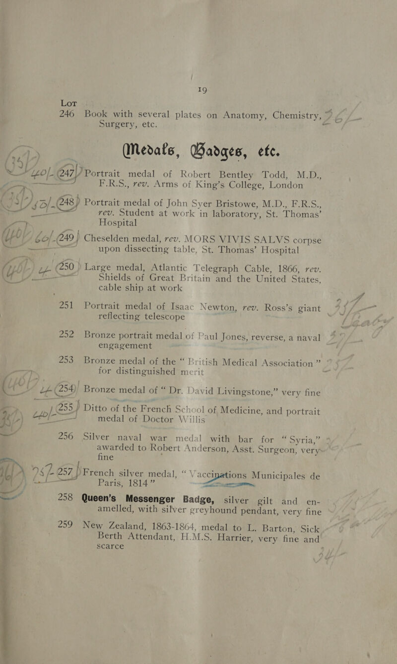 Lot Surgery, etc. -- — Medate, Badges, ete. [24 JY LoL 247)) Portrait medal of Robert Bentley Todd, M.D., — F.R.S., rev. Arms of King’s College, London 44 Daal. 48) Portrait medal of John Syer Bristowe, M.D., F.R.S., ae rev. Student at work in laboratory, St. Thomas’ ee Hospital Lo bo/.249 | Cheselden medal, rev. MORS VIVIS SALVS corpse ~— <a upon dissecting table, St. Thomas’ Hospital oo, Ph (250 | Large medal, Atlantic Telegraph Cable, 1866, rev. \4 tb tT Shields of Great Britain and the United States, cable ship at work reflecting telescope 252 Bronze portrait medal of Paul Jones, reverse, a naval engagement 253 Bronze medal of the “ British Medical Association ” for distinguished merit 4 ely ca Ce Bronze medal of “ Dr. David Livingstone,” very fine _ LE 255] ) Ditto of the French Sch: a of Medicine, and portrait 1.) 40 medal of Doctor Will — 256 Silver naval war medal with bar for y eortia, 7 awarded to Robert Anderson, Asst. Surgeon, very’ &amp; fine AL A) 4 f- 7p French silver medal, “ \ Vaccipations Municipales de sg OS ene Parigwnlsl4” pet aa a 258 Queen’s Messenger Badge, silver gilt and en- amelled, with silver greyhound pendant, v ery fine o 259 New Zealand, 1863-1864, medal to L. Barton, Sick i= | Berth Attendant, H.M.S. Harrier, very fine and” scarce 