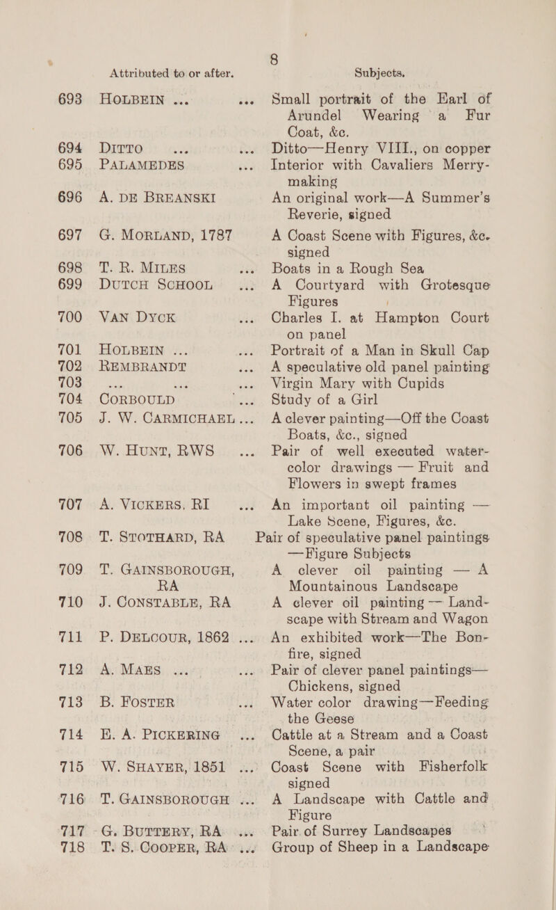 693 694 695 696 697 698 699 700 701 702 703 704 T05 706 107 708 709 710 711 712 713 714 715 T17 718 Attributed to or after. HOLBEIN ... DITTO PALAMEDES A. DE BREANSKI G. MORLAND, 1787 T. R. MILES DuTcH SCHOOL VAN Dyck HOLBEIN ... REMBRANDT CORBOULD W. Hunt, RWS A. VICKERS, RI T. STOTHARD, RA T. GAINSBOROUGH, J. CONSTABLE, RA A. MARS B. FOSTER HK. A. PICKERING W. SHAYER, 1851 8 Subjects. Small portrait of the Earl of Arundel Wearing a Fur Coat, &amp;c. Ditto—Henry VIII., on copper Interior with Cavaliers Merry- making An original work—A Summer’s Reverie, signed A Coast Scene with Figures, &amp;c. signed Boats in a Rough Sea A Courtyard with Grotesque Figures Charles I. at Hampton Court on panel Portrait of a Man in Skull Cap A speculative old panel painting Virgin Mary with Cupids Study of a Girl A clever painting—Off the Coast Boats, &amp;c., signed Pair of well executed water- color drawings — Fruit and Flowers in swept frames An important oil painting — Lake Scene, Figures, &amp;ce. —HFigure Subjects A clever oil painting — A Mountainous Landscape A clever oil painting — Land- scape with Stream and Wagon An exhibited work—The Bon- fire, signed Pair of clever panel paintings— Chickens, signed Water color drawing—Feeding the Geese Cattle at a Stream and a Coast Scene, a pair Coast Scene with Fisherfolk signed A Landscape with Cattle and Figure Pair. of Surrey Landscapes Group of Sheep in a Landscape