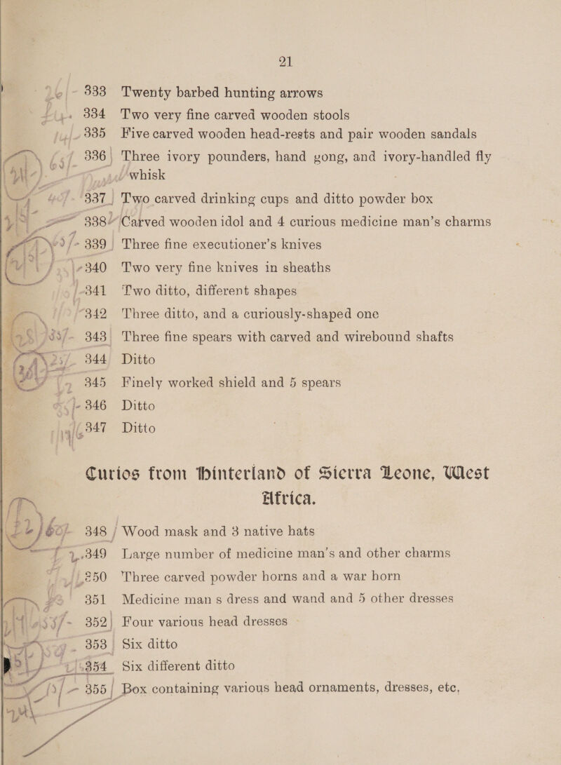  Twenty barbed hunting arrows T'wo very fine carved wooden stools Five carved wooden head-rests and pair wooden sandals , Three ivory pounders, hand gong, and ivory-handled fly T'wo carved drinking cups and ditto powder box Three fine executioner’s knives Two very fine knives in sheaths Two ditto, different shapes Three ditto, and a curiously-shaped one Three fine spears with carved and wirebound shafts Ditto Finely worked shield and 5 spears Ditto Ditto 4 | - 338 Ly. 3384 ees a) i is = 338l 5 /> 339 | 340 | /-841 ~~ 342 Ls j33/- 343) at Aoi) 34d are 846 f847 jl be) 348 7 7.319 ae, 250 ee 1 PiaAss/- 352) By 7 2354 * mae [ij - 355 | ee {~ yy oe Elfrica. Large number of medicine man’s and other charms Three carved powder horns and a war horn Medicine man s dress and wand and 5 other dresses _Box containing various head ornaments, dresses, etc,