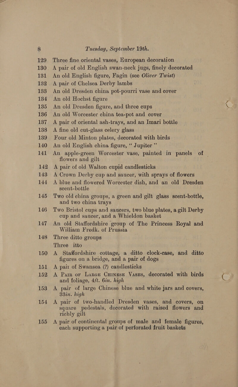 Tuesday, September 19th. Three fine oriental vases, Kuropean decoration A pair of old English swan-neck jugs, finely decorated An old English figure, Fagin (see Oliver Twist) A pair of Chelsea Derby lambs An old Dresden china pot-pourri vase and cover An old Hochst figure An old Dresden figure, and three cups A pair of oriental ash-trays, and an Imari bottle A fine old cut-glass celery glass Four old Minton plates, decorated with birds An old English china figure, “ Jupiter ”’ flowers and gilt A pair of old Walton cupid candlesticks A Crown Derby cup and saucer, with sprays of flowers A blue and flowered Worcester dish, and an old Dresden scent-bottle Two old china groups, a green and gilt glass scent-bottle, and two china trays Two Bristol cups and saucers, two blue plates, a gilt Derby cup and saucer, and a Whieldon basket An old Staffordshire group of The Princess Royal and William Fredk. of Prussia Three ditto groups Three itto A Staffordshire cottage, a ditto clock-case, and ditto figures on a bridge, and a pair of dogs A pair of Swansea (?) candlesticks A Parr or Larce Cuinese Vasss, decorated with birds and foliage, 4ft. 6in. high A pair of large Chinese blue and white jars and covers, — BBun. high A pair of two-handled Dresden vases, and covers, on square pedestals, decorated with raised flowers and richly gilt each supporting a pair of perforated fruit baskets ‘ty