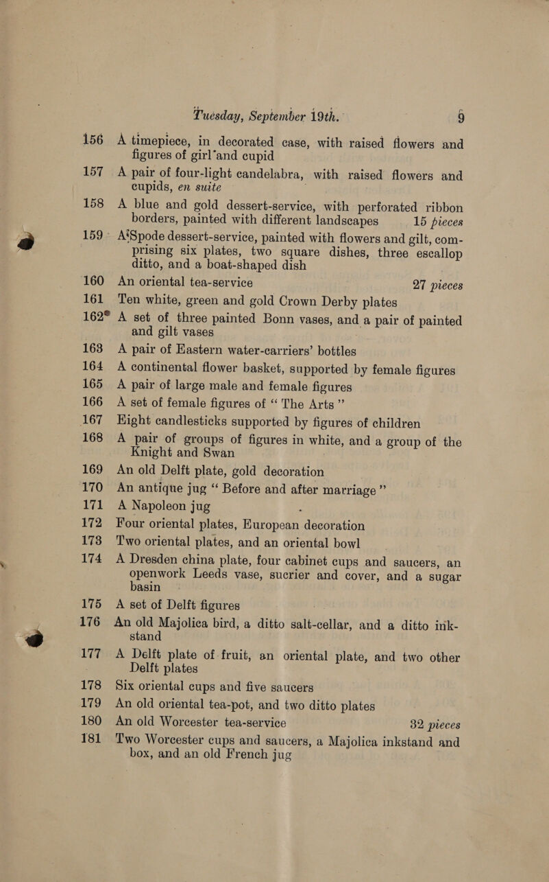 156 157 158 159 160 161 162° 163 164 165 166 167 168 169 170 17k 172 173 174 175 176 177 178 179 180 181 Tuesday, September 19th. | 9 A timepiece, in decorated case, with raised flowers and figures of girl’and cupid A pair of four-light candelabra, with raised flowers and cupids, en suite — ; A blue and gold dessert-service, with perforated ribbon borders, painted with different landscapes — 15 pieces A‘Spode dessert-service, painted with flowers and gilt, com- prising six plates, two square dishes, three escallop ditto, and a boat-shaped dish An oriental tea-service 27 pieces Ten white, green and gold Crown Derby plates A set of three painted Bonn vases, and a pair of painted and gilt vases “i A pair of Eastern water-carriers’ bottles A continental flower basket, supported by female figures A pair of large male and female figures A set of female figures of “ The Arts ” Hight candlesticks supported by figures of children A pair of groups of figures in white, and a group of the Knight and Swan An old Delft plate, gold decoration An antique jug “ Before and after marriage ” A Napoleon jug Four oriental plates, European decoration Two oriental plates, and an oriental bowl A Dresden china plate, four cabinet cups and saucers, an openwork Leeds vase, sucrier and cover, and a sugar basin A set of Delft figures : An old Majolica bird, a ditto salt-cellar, and a ditto ink- stand | A Delft plate of fruit, an oriental plate, and two other Delft plates Six oriental cups and five saucers An old oriental tea-pot, and two ditto plates | An old Worcester tea-service 32 pieces Two Worcester cups and saucers, a Majolica inkstand and box, and an old French jug
