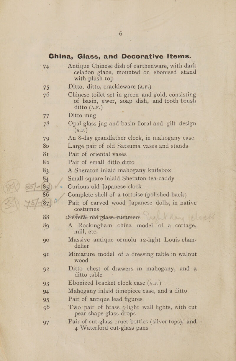 74 75 76 77 78 79 80 82 83 84 86 88 89 go gi g2 93 94 95 g6 o7 Antique Chinese dish of earthenware, with dark celadon glaze, mounted on ebonised stand with plush top Ditto, ditto, crackleware (A.F.) Chinese toilet set in green and gold, consisting of basin, ewer, soap dish, and tooth brush ditto (a.F.) Ditto mug Opal glass jug and basin floral and gilt design (A.F.) An 8-day grandfather clock, in mahogany case Large pair of old Satsuma vases and stands Pair of oriental vases Pair of small ditto ditto A Sheraton inlaid mahogany knifebox Small square inlaid Sheraton tea-caddy Curious old Japanese clock Pair of carved wood Japanese dolls, in native costumes LSéveral-old-glass-rummers A Rockingham china model of a cottage, mull, etc. Massive antique ormolu 12-light Louis chan- delier Miniature model of a dressing table in walnut wood Ditto chest of drawers in en Qeanay 5 and a ditto table Ebonized bracket clock case (4.F.) Mahogany inlaid timepiece case, and a ditto Pair of antique lead figures Two pair of brass 5-light wall lights, with cut pear-shape glass drops | Pair of cut-glass cruet bottles (silver tops), and