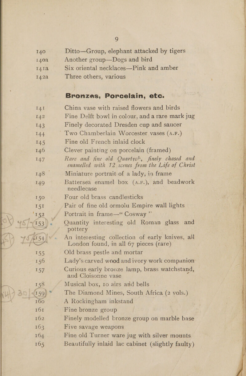 T40 140a I41a 142a I41 [42 poe &lt;a =? 146 eh 148 149 150 I51 ‘152 2 oe aa 0 fs) 9 Ditto—Group, elephant attacked by tigers Another group—Dogs and bird Six oriental necklaces—Pink and amber Three others, various Bronzes, Porcelain, etc: China vase with raised flowers and birds Fine Delft bowl in colour, and a rare mark jug Finely decorated Dresden cup and saucer Fine old French inlaid clock Clever painting on porcelain (framed) Rave and fine old Quartych, finely chased and | enamelled with 12 scenes from the Lafe of Christ Miniature portrait of a lady, in frame Battersea enamel box (a.F.), and beadwork needlecase Four old brass candlesticks Pair of fine old ormolu Empire wall lights Portrait in frame—‘ Cosway ”’ Quantity interesting old Roman glass and pottery An interesting collection of early knives, all London found, in all 67 pieces (rare) Old brass pestle and mortar Lady’s carved wood and ivory work companion Curious early bronze lamp, brass watchstand, and Cloisonne vase Musical box, 10 airs and bells The Diamond Mines, South Africa (2 vols.) A Rockingham inkstand Fine bronze group Finely modelled bronze group on marble base Five savage weapons Fine old Turner ware jug with silver mounts Beautifully inlaid lac cabinet (slightly faulty)
