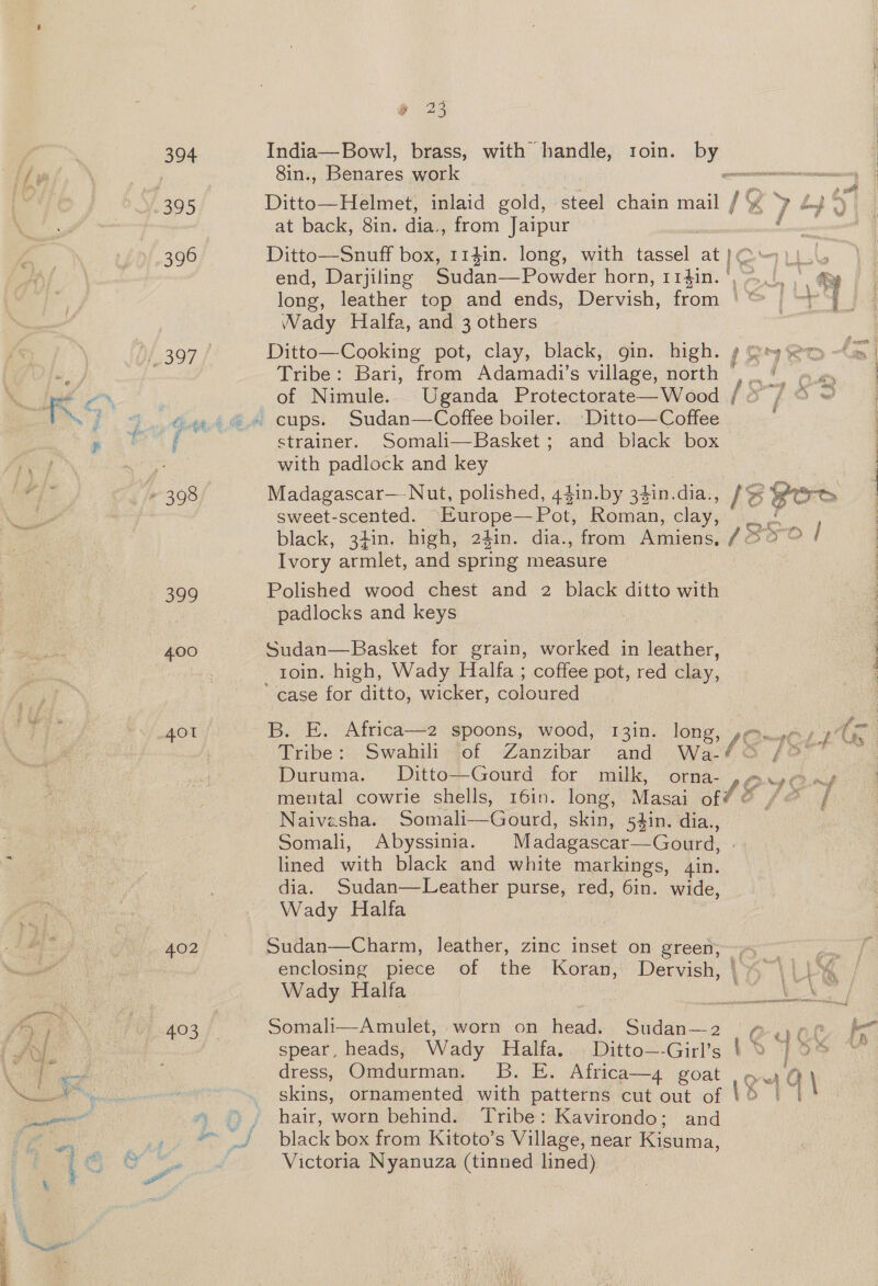 394 395 396 399 400 401 402 403 % 23 India—Bowl, brass, with handle, roin. by 8in., Benares work Ditto—Helmet, inlaid gold, steel chain mail at back, 8in. dia., from Jaipur , Ditto—Snuff box, 1141n. long, with tassel at end, Darjiling Sudan—Powder horn, 114in. Wady Halfa, and 3 others Ditto—Cooking pot, clay, black, gin. high. Tribe: Bari, from Adamadi’s village, north of Nimule. Uganda Protectorate— Wood strainer. Somali—Basket; and black box with padlock and key Madagascar—-Nut, polished, 44in.by 34in.dia., sweet-scented. Europe—Pot, Roman, clay, black, 34in. high, 24in. dia., from Amiens, Ivory armlet, and spring measure Polished wood chest and 2 black ditto with padlocks and keys Sudan—Basket for grain, worked in leather, toin. high, Wady Halfa ; coffee pot, red clay, B. E. Africa—2 spoons, wood, 13in. long, Tribe » Swahili “of -Zanzirbar’ and Wase Duruma. Ditto—Gourd for milk, orna- mental cowrie shells, 16in. long, Masai of Naivesha. Somali—Gourd, skin, 54in. dia., Somali, Abyssinia. Madagascar—Gourd, lined with black and white markings, gin. dia. Sudan—Leather purse, red, 6in. wide, Wady Halfa Sudan—Charm, leather, zinc inset on green, enclosing piece of the Koran, Dervish, Wady Halfa | Somali—Amulet, worn on head. Sudan—2 spear, heads, Wady Halfa. Ditto—-Girl’s dress, Omdurman. B. E. Africa—4 goat skins, ornamented with patterns cut out of hair, worn behind. Tribe: Kavirondo; and black box from Kitoto’s Village, near Kisuma, Victoria Nyanuza (tinned lined) Gane YT CON 6 ; * , 5 / ; x, 7 we ough é f é ISL / or ee fo £ F &amp;   Lae ft 1Q~qCLI e 4 d Rt dessus z : ei t SAE oe q ws bo : f* ie wi \ ee | * , g | . ' ae ee tae £