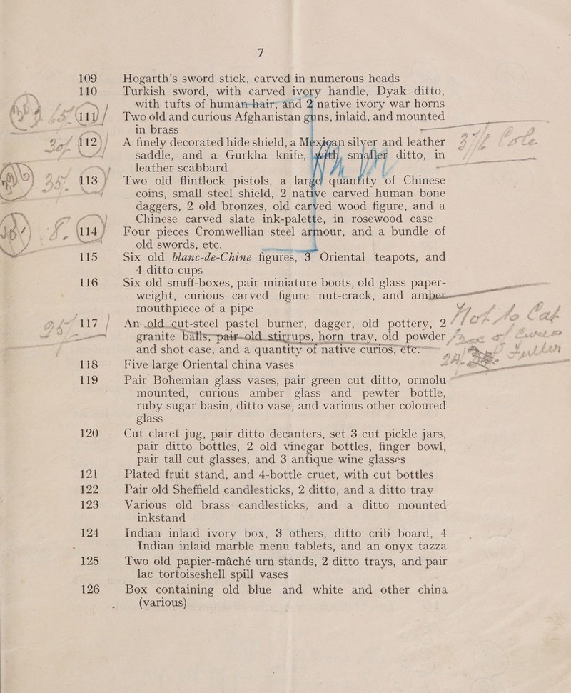  J 109 Hogarth’s sword stick, carved in numerous heads  oP with tufts of human-hatir, and 2 native ivory war horns » 1Y/ Twooldand curious Afghanistan guns, inlaid, and nots soe 2 in brass eS ey silver and tee aif i 12) j A finely decorated hide shield, a M é | smi He i ditto, in Nmend saddle, and a Gurkha knife, | “ leather scabbard ; 113 |} Two old fiintlock pistols, a large quan ity of Chinese ant coins, small steel shield, 2 native carved human bone daggers, 2 old bronzes, old carved wood figure, and a i Chinese carved slate ink- -palette, in rosewood case 114, Four pieces Cromwellian steel armour, and a bundle of ae old swords, etc. iS Six old blanc-de- Chine figures, Oriental teapots, and 4 ditto cups 116 Six old snuff-boxes, pair miniature boots, old glass paper- mee weight, curious carved figure nut- crack, and amben—— mouthpiece of a pipe Ya v7 / An .old.cut-steel pastel burner, dagger, old pottery, 2 Cf Of apatite granite “Batts&gt; ~pair—old.stitrups, horn tray, old powder -» and shot case, and a quantity of 1 native curios; €tt: &gt; &gt; ay) Os | ' 118 Five large Oriental china vases BOI OT ane neenn— ELS Pair Bohemian glass vases, pair green cut ditto, ormolu ~~ mounted, curious amber glass and pewter bottle, ruby sugar basin, ditto vase, and various other coloured glass _ 120 - Cut claret jug, pair ditto decanters, set 3 cut pickle jars, pair ditto bottles, 2 old vinegar bottles, finger bowl, pair tall cut glasses, and 3 antique wine glasses 121 Plated fruit stand, and 4-bottle cruet, with cut bottles 122 Pair old Sheffield candlesticks, 2 ditto, and a ditto tray 123 Various old brass ee and a ditto mounted inkstand 124 Indian inlaid ivory box, 3 others, ditto crib board, 4 Indian inlaid marble menu tablets, and an onyx tazza 125 Two old papier-maché urn stands, 2 ditto trays, and pair lac tortoiseshell spill vases 126 Box containing old blue and white and other aca
