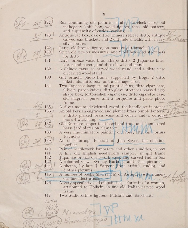 pols mahogany knife box, wood figures, fans, old pottery, ' and a quantity of curios.(variou \ 7 128 / Antique lac box, oak ditto, Chinese red lac ditto, antique © # nasercs= Seer e gilt’ormolu base | d boxwood Hichors    silver bosses 129, Large old bronze figure, on mass1 130)) Seven old pewter measures, and 2 all for ditto aad 131 Large bronze vase, pels ewe ditto, 2 Japanese brass koros and covers, and ditto bowl and stand 132 ‘ A Chinese tazza on carved wood stand, and a ditto vase on carved wood stand . 133 Gilt ormolu photo frame, supported by frogs, 2 ditto inkstands, ditto box, and a carriage clock . 134 Two Japanese lacquer and painted fans, ditto cigar case, 2 ivory paper-knives, ditto glove stretcher, carved egg- shape box, tortoiseshell cigar case, ditto cigarette case, ~ old shagreen purse, and a torquoise and paste photo S| frame — rr i © 135, A silver-mounted Oriental sword, the handle set in stones wae z 136} An old Persian engraved and pierced brass temple lantern, f / (4,49 « : j a ditto pierced brass vase and cover, and-a curious# © S/7 = aay brass 4-wick lamp === To » U37) Old Burmese copper food bowl ie ‘Vy noe — brass jardiniéres on claw feet a 138 A very fine miniature painting on/1 We ir’ Joshua Rr ses Reynolds gf (139); An oil painting—Portrait o Jem Sayer, the old- time stn pugilist . psnintiicinad eae bet 140 Pair of needlework bannerets and other sundries, in box 141 A fine old English ee hls ‘Sampler, in gilt frame 142 Japanese bronze open-work \ase; carved Indian box 143 A coloured view—Sydney larbou and other pictures     Or Ap esHyepppromer, Pay A. ous fine illustrations Sek | He” A-very-spectilative old oil oil paititing—Portrait of a woman, 7 / ~ attributed to Holbein, in fine old Italian carved wood frame 147 Two Staffordshire figures—Falstaff and Bacchante