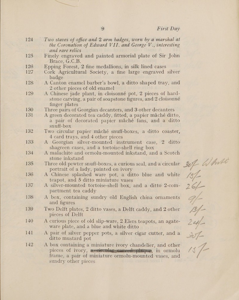  the Coronation of Edward VII. and George V., interesting and rare relics Finely engraved and painted armorial plate of Sir John Brace, G.C.B. Epping Forest, 2 fine medallions, in silk lined cases Cork Agricultural Society, a fine large engraved silver badge. A Canton enamel barber’s bowl, a ditto shaped tray, and 2 other pieces of old enamel A Chinese jade plant, in cloisonné pot, 2 pieces of hard- stone carving, a pair of soapstone figures, and 2 cloisonné finger plates Three pairs of Georgian decanters, and 3 other decanters A green decorated tea caddy, fitted, a papier maché ditto, a pair of decorated papier maché fans, and a ditto snuff-box Two circular papier maché snuff-boxes, a ditto coaster, 4 card trays, and 4 other pieces A Georgian silver-mounted instrument case, 2 ditto shagreen cases, and a tortoise-shell ring box A malachite and ormolu-mounted inkstand, and a Scotch stone inkstand Three old pewter snuff-boxes, a curious seal, anda circular portrait of a lady, painted on ivory A Chinese splashed ware pot, a ditto blue and white teapot, and 5 ditto miniature vases A silver-mounted tortoise-shell box, and a ditto 2-com- partment tea caddy A box, containing sundry old English china ornaments and figures Two Delft plates, 2 ditto vases, a Delft caddy, and 2 other pieces of Delft A curious piece of old slip-ware, 2 Elers teapots, an agate- ware plate, and a blue and white ditto A pair of silver pepper pots, a silver cigar cutter, and a ditto mustard pot A box containing a oe a chandelier, and other pieces of ivory, awewoulemscanvectepiacae, in ormolu frame, a pair of dadstatune OPM: Wieanted vases, and sundry other pieces  @. ff Sp ¢ ¢ Os ff” to SS fm ad ie f i , ff hom EP fame