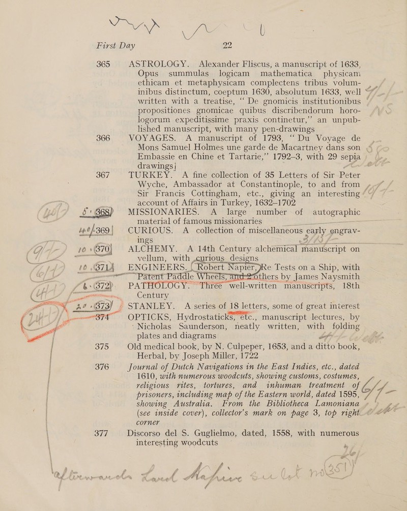 365 366  140/369 | G4) 1 G0 ) | S71 ae wae  22 ASTROLOGY. Alexander Fliscus, a manuscript of 1633, Opus summulas logicam mathematica physicani ethicam et metaphysicam complectens tribus volum- inibus distinctum, coeptum 1630, absolutum 1633, well “ written with a treatise, propositiones gnomicae quibus discribendorum horo- logorum expeditissime praxis continetur,’” an unpub- lished manuscript, with many pen-drawings VOYAGES: .. A manuscript of 1793) Da Voyage’ de Embassie en Chine et Tartarie,”’ drawings | TURKEY. A fine collection of 35 Letters of Sir wencr Sir’ Francis ‘Cottmeham,. ‘etc:, account of Affairs in Turkey, 1632-1702 MISSIONARIES. A large number of puioerst) material of famougmmissionarics: °) * S! “Sb _ CURIOUS. A collection of miscellaneous garly pngrav- ings vellum, with | curious designs _ENGINEERS. | (Robert N apler, )Re Tests on a Ship, with ~Paterit Paddie Whee Ss, attd-2others by James Naysmith PATHOLOGY. Thréé well-written manuscripts, 18th Century   OPHGKS, Hydrostatick$. etc., manuscript lectures, by Nicholas Saunderson, neatly written, with folding plates and diagrams soot Old medical book, by N. Culpeper, 1653, and a ditto book, Herbal, by Joseph Miller, 1722 Journal of Dutch Navigations in the East Indies, etc., dated 1610, with numerous woodcuts, showing customs, costumes, religious vites, tortures, and inhuman treatment 0 prisoners, including map of the Eastern world, dated 1595, showing Australia. From the Bibliotheca Lamoniana (see inside cover), collector’s mark on page 3, top right. corner Discorso del S. Guglielmo, dated, 1558, with numerous interesting woodcuts . “ ee i owe a fe fi A RuctE Of