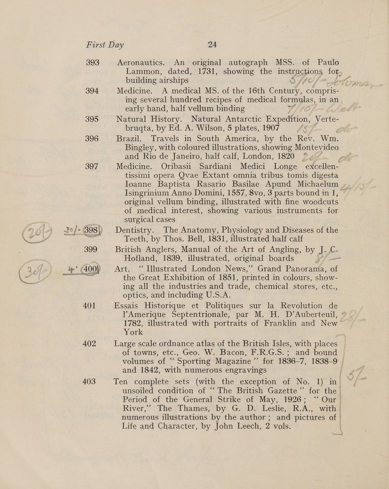 393 394 395 396 397 40] 402 403 Aeronautics. An original autograph MSS. of Paulo Lammon, dated, 1731, showing the instyggons for; building airships ing several hundred recipes of medical formulas, in an early hand, half vellum binding ra i Natural History. Natural Antarctic Expedition, Verte- bruqta, by Ed. A. Wilson, 5 plates, 1907 Brazil. Travels in South America, by the Rev. Wm. Bingley, with coloured illustrations, showing Montevideo and Rio de Janeiro, half calf, London, 1820 ° Medicine. Oribasii Sardiani Medici Longe excellen- tissimi opera Qvae Extant omnia tribus tomis digesta original vellum binding, illustrated with fine woodcuts of medical interest, showing various instruments for surgical cases Dentistry. The Anatomy, Physiology and Diseases al the Teeth, by Thos. Bell, 1831, illustrated half calf British Anglers, Manual of the Art of Angling, by J. a Hofland, 1839, illustrated, original boards | 4 Art. ‘“‘ Illustrated London News,’ Grand ee ae of the Great Exhibition of 1851, printed in colours, show- ing all the industries and trade, chemical stores, etc., optics, and including U.S.A. Essais Historique et Politiques sur la Revolution de lAmerique Septentrionale, par M. H. D’Auberteuil, 1782, illustrated with portraits of Franklin and New York Large scale ordnance atlas of the British Isles, with places of towns, etc., Geo. W. Bacon, F.R.G.S.; and bound and 1842, with numerous engravings Ten complete sets (with the exception of No. 1) in Period of the General Strike of May, 1926; “ Our River,” The Thames, by G. D. Leslie, R.A., with | numerous illustrations by the author; and pictures of