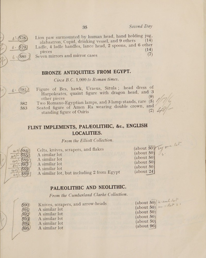  Lion paw surmounted by human head, hand holding jug, Ladle, 4 ladle handles, lance head, 2 spoons, and 6 other pleces (14) Seven mirrors and mirror cases (7) BRONZE ANTIQUITIES FROM EGYPT. Circa B.C. 1,000 to Roman times. Figure “of Bes, hawk, Uraeus, Situla ; head dress of Harpokrates, quaint figure with dragon head, and 3 other pieces (9) ( Seated figure of Amen Ra wearing double crown, and standing figure of Osiris | (2) - LOCALITIES. From the Elliott Collection. Celts, knives, scrapers, and flakes A similar lot A similar lot A similar lot A similar lot A similar lot, but including 2 from Egypt PALEOLITHIC AND NEOLITHIC. From the Cumberland Clarke Collection. Knives, scrapers, and arrow-heads A similar lot (about 50) A similar lot (about 50) A similar lot (about 50) A similar lot (about 96) fe 4s £ RA Faull py a fa  ee