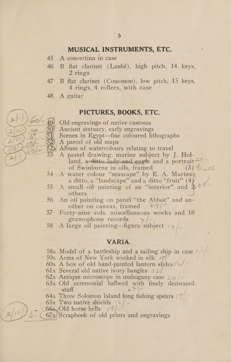   35 MUSICAL INSTRUMENTS, ETC. 45 A concertina in case 46 B flat clarinet (Laubé), high pitch, 14 keys, 2 rings 47 B flat clarinet (Couesnon), low pitch, 15 keys, 48 &lt;A guitar PICTURES, BOOKS, ETC. Old engravings of native customs A parcel of old maps 3 A pastel drawing, marine subject by J. Hol- __ land, a-dittolady.and.eagte and a pouty of Swinburne i in oils, framed (3) ¥ 54 A water colour ‘ ‘seascape’ &gt; by E. A. Martens a ditto, a “landscape” anda ditto “fruit” (4y | 55 A small oil painting of an “interior” and ce others ime 56 An oil painting on panel “the Abbot” and an- other on canvas, framed *‘{ 57. Forty-nine vols. miscellaneous works and 18 gramophone records Sik 58 A large oil painting—figure ‘subject } » /’ VARIA. 58a Model of a battleship and a sailing hip in case #/~/ 59a Arms of New York worked in silk // 60a A box of old hand-painted lantern slides 6la Several old native ivory bangles 22/ 62a Antique microscope in mahogany case 1 // 63a Old ceremonial halberd og finely decorated ‘detair - 644 Three Solomon Island ae fishing spears [7/ 65a Two native shields /¢ | Coober horse bells) /7/- ( 674/'Scrapbook of a prints and engravings