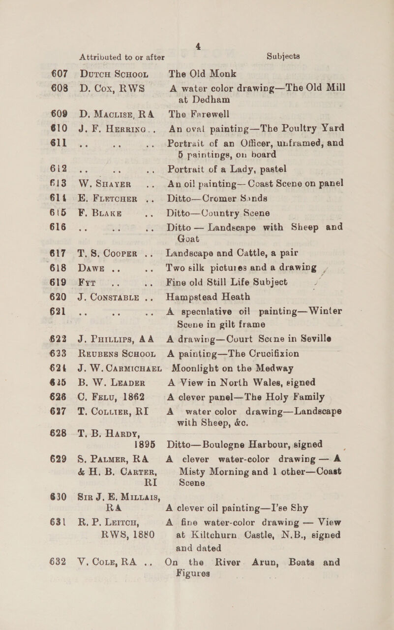 Attributed to or after Subjects 607 Dvurcu Scuoor The Old Monk 608 D. Cox, RWS A water color drawing—The Old Mill at Dedham 609 D. Maciisze, RA The Farewell 610 J. F. Herrinc,. An ovai painting—The Poultry Yard 611 Portrait of an Officer, unframed, and 5 paintings, on board 2 csers Yi Portrait of a Lady, pastel 613 W.Suaver .. Anoil painting— Coast Scene on panel 614 KE. Frercoer .. Ditto—Cromer Sands 615 FF. Buake .. Ditto—Country Scene ; 616 Ditto — Landscape with Sheep and Goat 617 T.S.Coopzr .. Landscape and Cattle, a pair 618 Dawe .. .. Twosilk pictures and a drawing . 619 Fyr .. .. Fine old Still Life Subject 620 J.ConsTaBLeE .. Hampstead Heath 621 .. A speculative oi! painting— Winter | Scene in gilt frame 622 J. Puituirps, AA A drawing—Court Sccne in Seville 623 Revusens Scnoot A painting—The Crucifixion 624 J.W.CarmicuaEt Moonlight on the Medway 625 B. W. Leaver A View in North Wales, signed 626 OC. Feru, 1862 A clever panel—The Holy Family 637 T.Coutter, RI A _ watercolor drawing—Landscape with Sheep, &amp;c. 628 T. B. Harpy, 1895 Ditto—Boulegne Harbour, signed 629 S. Patmer, RA A clever water-color drawing — A &amp; H. B. Carter, Misty Morning and 1 other—Coast RI Scene 630 Sir J. EH. Mittais, RA A clever oil painting—lI’se Shy 631 RB. P. Lerten, A fine water-color drawing — View RWS, 1880 at Kiltchurn Castle, N.B., signed and dated 632 V.CoLtz,RA .. On the River. Arun, Boats and Figures