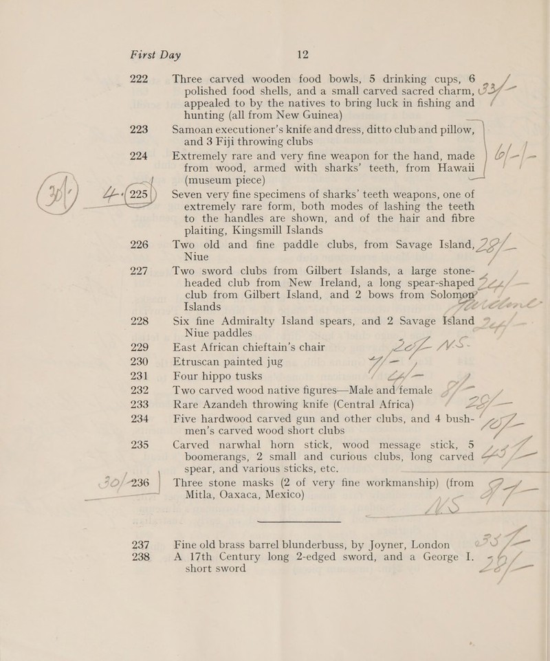 222 223 224 ~f ¥ 237 238 Three carved wooden food bowls, 5 drinking cups, 6 E polished food shells, and a small carved sacred charm, 33S t appealed to by the natives to bring luck in fishing and / hunting (all from New Guinea) Samoan executioner’s knife and dress, ditto club and pillow, - and 3 Fiji throwing clubs Extremely rare and very fine weapon for the hand, made b/- | we from wood, armed with sharks’ teeth, from Hawaii 4 (museum piece) Seven very fine specimens of sharks’ teeth weapons, one of extremely rare form, both modes of lashing the teeth to the handles are shown, and of the hair and fibre plaiting, Kingsmill Islands Two old and fine paddle clubs, from Savage Island, 7 25) Niue / Two sword clubs from Gilbert Islands, a large stone- Z headed club from New Ireland, a long spear-shaped © club from Gilbert Island, and 2 bows from Solomo soa Islands Six fine Admiralty Island spears, and 2 Savage (and oy, Niue paddles East African chieftain’s chair pe if /V-S- Etruscan painted jug Gort 5 Four hippo tusks 1 L4l— ‘ Two carved wood native figures—Male and female 9“ 7S Rare Azandeh throwing knife (Central Africa) ZS. ae Five hardwood carved gun and other clubs, and 4 bush- ‘ JOE ae men’s carved wood short clubs Carved narwhal horn stick, wood message stick, 5 , » boomerangs, 2 small and curious clubs, long carved =“ spear, and various sticks, etc. TC Three stone masks (2 of very fine woHenanchip) (irom, «are Mitla, Oaxaca, Mexico) ee Ze ar Fine old brass barrel blunderbuss, by Joyner, London PO y (— A 17th Century long 2-edged sword, and a George Il. 5 / short sword Pe am