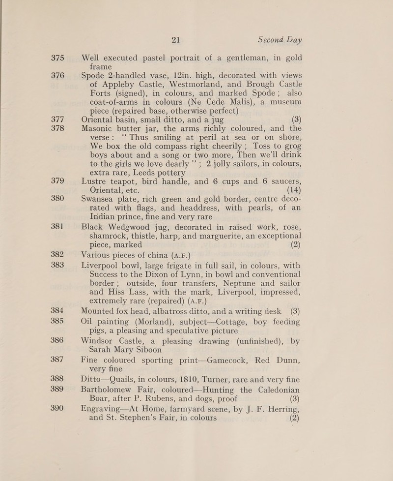 375 376 377 378 21 Second Day Well executed pastel portrait of a gentleman, in gold frame Spode 2-handled vase, 12in. high, decorated with views of Appleby Castle, Westmorland, and Brough Castle Forts (signed), in colours, and marked Spode; also coat-of-arms in colours (Ne Cede Malis), a museum piece (repaired base, otherwise perfect) Oriental basin, small ditto, and a jug (3) Masonic butter jar, the arms richly coloured, and the verse: ‘‘ Thus smiling at peril at sea or on shore, We box the old compass right cheerily ; Toss to grog boys about and a song or two more, Then we’ll drink to the girls we love dearly ’’; 2 jolly sailors, in colours, extra rare, Leeds pottery Lustre teapot, bird handle, and 6 cups and 6 saucers, Oriental, etc. | (14) Swansea plate, rich green and gold border, centre deco- rated with flags, and headdress, with pearls, of an Indian prince, fine and very rare Black Wedgwood jug, decorated in raised work, rose, shamrock, thistle, harp, and marguerite, an exceptional piece, marked (2) Various pieces of china (A.F.) Liverpool bowl, large frigate in full sail, in colours, with Success to the Dixon of Lynn, in bowl and conventional border ; outside, four transfers, Neptune and sailor and Hiss Lass, with the mark, Liverpool, impressed, extremely rare (repaired) (A.F.) Mounted fox head, albatross ditto, and a writing desk (3) Oil painting (Morland), subject—Cottage, boy feeding pigs, a pleasing and speculative picture Windsor Castle, a pleasing drawing (unfinished), by Sarah Mary Siboon Fine coloured sporting print—Gamecock, Red Dunn, very fine Ditto—Quails, in colours, 1810, Turner, rare and very fine Bartholomew Fair, coloured—Hunting the Caledonian Boar, after P. Rubens, and dogs, proof (3) Engraving—At Home, farmyard scene, by J. F. Herring, and St. Stephen’s Fair, in colours (2)