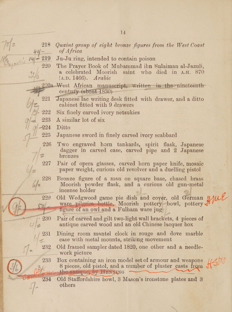 218 Quaint group of eight bronze figures from the West Coast | 4-b/ ~ of Africa ‘ /4/- 219 Ju-Ju ring, intended to contain poison 220 The Prayer Book of Muhammad ibn Sulaiman al-Jazuli, toi. a celebrated Moorish saint who died in A.H. 870 vA (A.D. 1466). Arabic ae 20a--West African manuseript=-written—in=the&gt;nineteenth- century: abOub 1830)— jy 291 Japanese lac writing desk fitted with drawer, and a ditto Abe cabinet fitted with 9 drawers ‘/%Je 222 Six finely carved ivory netsukies Ol 223 A similar lot of six I} Gf 224 Ditto f% 7]! 225 Japanese sword in finely carved ivory scabbard bee 226 Two engraved horn tankards, spirit flask, Japanese e | dagger in carved case, carved pipe and 2 Japanese e bronzes 227 Pair of opera glasses, carved horn paper knife, mosaic paper weight, curious old revolver and a duelling pistol 228 Bronze figure of a man on square base, chased brass left Moorish powder flask, and a curious old pee peo ; _. Incense holder = bs 909 Old ieShuzsclabaiee cone pie iat a coyer, old man {wee i \ ~)/ ware pilgrimedbeiitle, Moorish pottery bowl, pottery Lf de §    figure 0 aie owl nae a Fulham ware jug 230 Pair of carved and oilt two-light wall brackets, 4 pieces of antique carved wood and an old Chinese lacquer box ,/ 231 Dining room mantel clock in rouge and dove marble a“ case with metal mounts, striking movement dl 232 Old framed sampler dated 1820, one other and a needle- se work picture 233 Box containing an iron model set of armour and weapons Hay - pare! ae =A IL aN a number of plaster casts fr — 234° “Old Staffordshire bowl, 3 Mason’s ironstone plates and 3 ti. others  