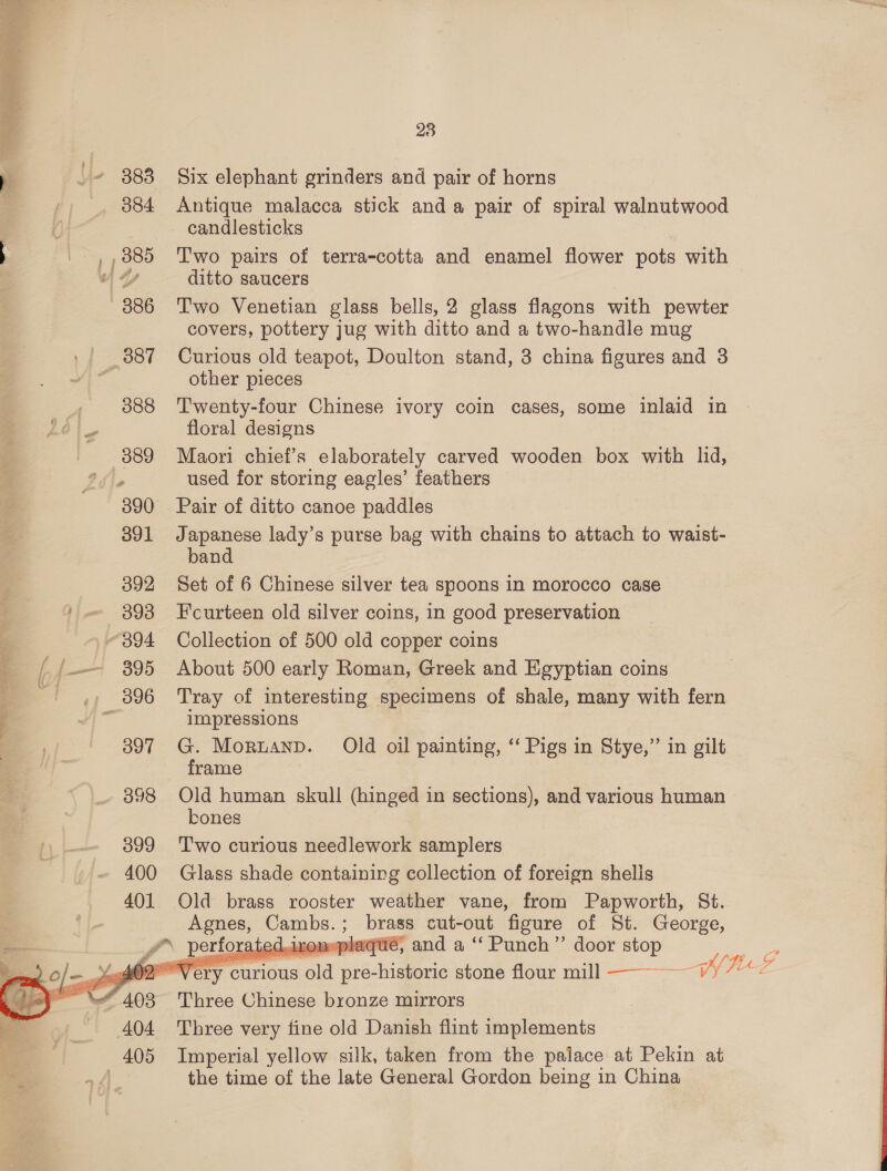 .~ 883 Six elephant grinders and pair of horns _ 384 Antique malacca stick anda pair of spiral walnutwood candlesticks _ , 885 Two pairs of terra-cotta and enamel flower pots with “Wy ditto saucers 886 Two Venetian glass bells, 2 glass flagons with pewter covers, pottery jug with ditto and a two-handle mug / | 3887 Curious old teapot, Doulton stand, 3 china figures and 3 : other pieces _, 888 ‘Twenty-four Chinese ivory coin cases, some inlaid in ble floral designs 389 Maori chief’s elaborately carved wooden box with lid, used for storing eagles’ feathers 390 Pair of ditto canoe paddles 391 Japanese lady’s purse bag with chains to attach to waist- band 392 Set of 6 Chinese silver tea spoons in morocco case ' — 893 Fcurteen old silver coins, in good preservation ~394 Collection of 500 old copper coins i /—— 3895 About 500 early Roman, Greek and Egyptian coins oT ., 396 Tray of interesting specimens of shale, many with fern impressions 397 G. Moruanpd. Old oil painting, ‘‘ Pigs in Stye,” in gilt frame 398 Old human skull (hinged in sections), and various human bones 399 Two curious needlework samplers 400 Glass shade containing collection of foreign shelis 401 Old brass rooster weather vane, from Papworth, St. _eHOF: Se ; brass cut-out figure of St. George, perforated.izomeplaqueé, and a “ Punch’’ door stop _ 92, Ot ‘curious ald pre- hides stone flour mill ————— WIL es —-4 103 Three Chinese bronze mirrors 404 Three very fine old Danish flint implements 405 Imperial yellow silk, taken from the palace at Pekin at ore the time of the late General Gordon being in China     