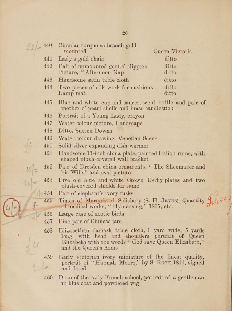 , 440 Circular turquoise brooch gold mounted } @ueen Victoria 441 Lady’s gold chain d:tto 442 Pair of unmounted gent.s’ slippers ditto Picture, ‘‘ Afterncon Nap ditto 443 Handsome satin table cloth ditto 444 Two pieces of silk work for cushions ditto Lamp mat ditto 445 Blue and white cup and saucer, scent bottle and pair of mother-o -pear] shells and brass candlestick 446 Portrait of a Young Lady, crayon 447 Water colour picture, Landscape 448 Ditto, Sussex Downs 449 Water colour drawing, Venetian Scene 450 Solid silver expanding dish warmer 451 Handsome 11-inch china, plate, painted Italian ruins, with shaped plush-covered wall bracket ;~ . 452 Pair of Dresden china ornaments, ‘‘ The Shoemaker and | his Wife,” and oval picture 1, .. 453 Five old blue and white Crown Derby plates and two | plush-covered shields for same 454 Pair of elephant’s ivory tusks Y eae ~ 455° Times of Marquis of Salisbury (S. H. JEYEs), Quantity $,/, Aa 4- of medical works, “ Hymensing,” 1865, etc.  - 456 Large case of exotic birds V 457 Fine pair of Chinese jars | 458 Hlizabethan damask table cloth, 1 yard wide, 5 yards eet long, with head and shoulders portrait of Queen | Elizabeth with the words “‘ God save Queen Elizabeth,”’ and the Queen’s Arms 459 arly Victorian ivory miniature of the finest quality, portrait of ‘‘Hannah Moore,” by 8. Rocw 1811, signed and dated 460 Ditto of the early French school, portrait of a ee in blue coat and powdered wig