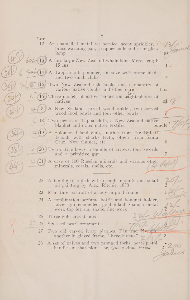  4 OT p brass warming pan, a copper ladle and a cut glass M gt l® | lamp pil fee | ae Gs) A fine large New Zealand whale-bone Mere, length | 15 ans te Jap PCy) A ‘Tappa cloth pounder, an adze with stone blade _ and two small clubs + _ G5) Two New Zealand fish hooks and a quantity of various native combs and other curios box 4. (16) Three models of native canoes and .ciehtphotos of AP = natives it A -J-{17) A New Zealand carved wood anklet, two carved fee bl wood food bowls and four other bowls | 18 Two pieces of Tappa cloth, a New Zealand native a 2 f blanket and other native textiles bundle Ue : po £09) A Solomon Island club, another from the-Grtbert —— 2 . Islands swath sharks teeth, -others sirom soanta Graz. News Guititea,. ete, 8 (20) Two native bows, a bundle of arrows, four swords and a primitive gun Lae: (21) A case of 100 Russian minerals and various other _ ) ~— minerals, corals, shells, etc. Lf OG . - _ 22 <A famille rose dish with ormolu mounts and small 207. “ oul palntimepy Alex. “Ritehies loo6 Ze 23 Miniature portrait of a lady in gold frame 1 24. A combination perfume bottle and bouquet holder, ° “~ : silver -gilt: enamelled, gold inlaid Spanish metal” JO fC) @ work top for sun shade, fine work og Le ah 25 “Three*gold* cravat pins LS a re 26 Sixtcecd pearlMorianicnts as sees 7 6 2/7 * Vwowold carved ivory, plaquesmeran and Ke LO another in glazed frame, “ Ecce Homo” - 3 ' 28 A set of knives and two pronged forks, pearl cis oa ~ handles in sharkskin case, Queen Anne period 21 at