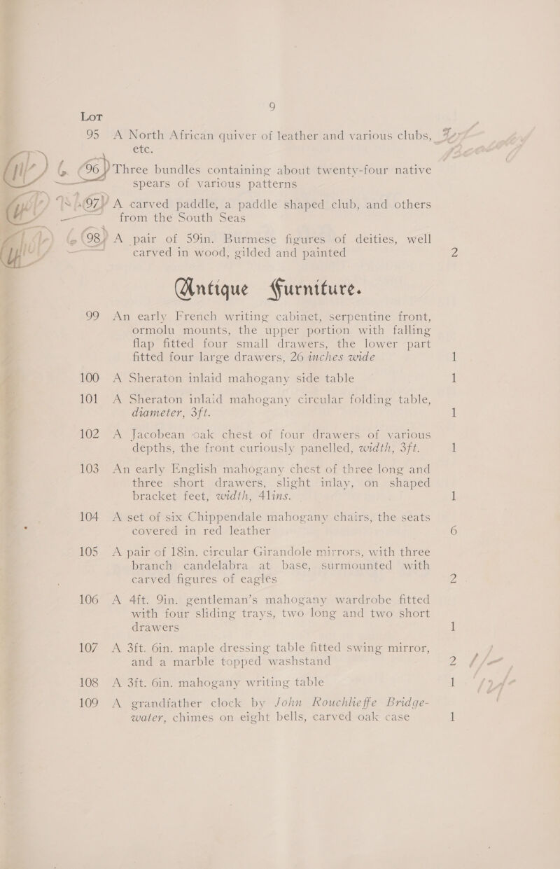 J ip } f — 9 Lor 95 A North African quiver of leather and various clubs, Ct. 66) spears of varrous patterns from the South Seas carved in wood, gilded and painted Antique Furniture. OD An early Vreich writing cabumiet; serpentine front, ormolu mounts, the upper portion with falling flap fitted. four small drawers, the lower -part fitted four large drawers, 26 mches wide 100 A Sheraton inlaid mahogany side table 101 A Sheraton inlaid mahogany circular folding table, diameter, 3ft. 102 vex Jacobean ocak) chest-of four drawers, of various depths, the front curiously panelled, width, 3ft. 103. An early English mahogany chest of three long and twee. ishort drawers, slight finlay, (on ishaped bracket feet, width, 4lins. 104 A set of six Chippendale mahogany chairs, the seats covered im. red leather 105. A pair et lSin, cisewlar Girandole mirrors, with three branch’ candelabra. at. basé, surmounted, swith carved figures of eaglés 106 A 4ft. 9in. gentleman’s mahogany wardrobe fitted with four sliding trays, two long and two short drawers 107 A 3ft. 6in. maple dressing table fitted swing mirror, and a marble topped washstand 108 A 3ft. 6in. mahogany writing table 109 A grandfather clock by John Rouchheffe Bridge- water, chimes on eight bells, carved oak case DO