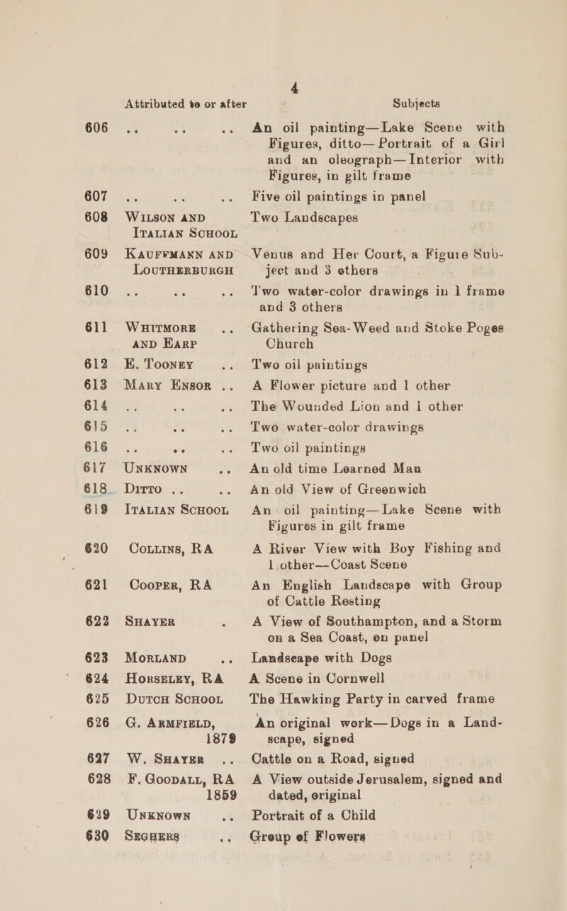 606 607 608 609 610 611 612 613 614 615 616 617 618. 619 620 621 622 623 624 625 626 627 628 629 630 4 Subjects An oil painting—Lake Scene with Figures, ditto— Portrait of a Girl and an oleograph— Interior en Figures, in gilt frame Five oil paintings in panel Two Landscapes Venus and Her Court, a Figure Sub- ject and 3 ethers ‘I'wo water-color drawings in ] frame and 3 others Church Two oil paintings A Flower picture and 1 other The Wounded Lion and i other Two water-color drawings Two oil paintings An old time Learned Man An old View of Greenwich An oil painting—Lake Scene with Figures in gilt frame A River View with Boy Fishing and 1 other—Coast Scene An English Landscape with Group of Cattle Resting A View of Southampton, and a Storm on a Sea Coast, on panel Landseape with Dogs A Scene in Cornwell The Hawking Party in carved frame An original work— Dogs in a Land- scape, signed Cattle on a Road, signed A View outside Jerusalem, signed and dated, original Portrait of a Child Group of Flowers