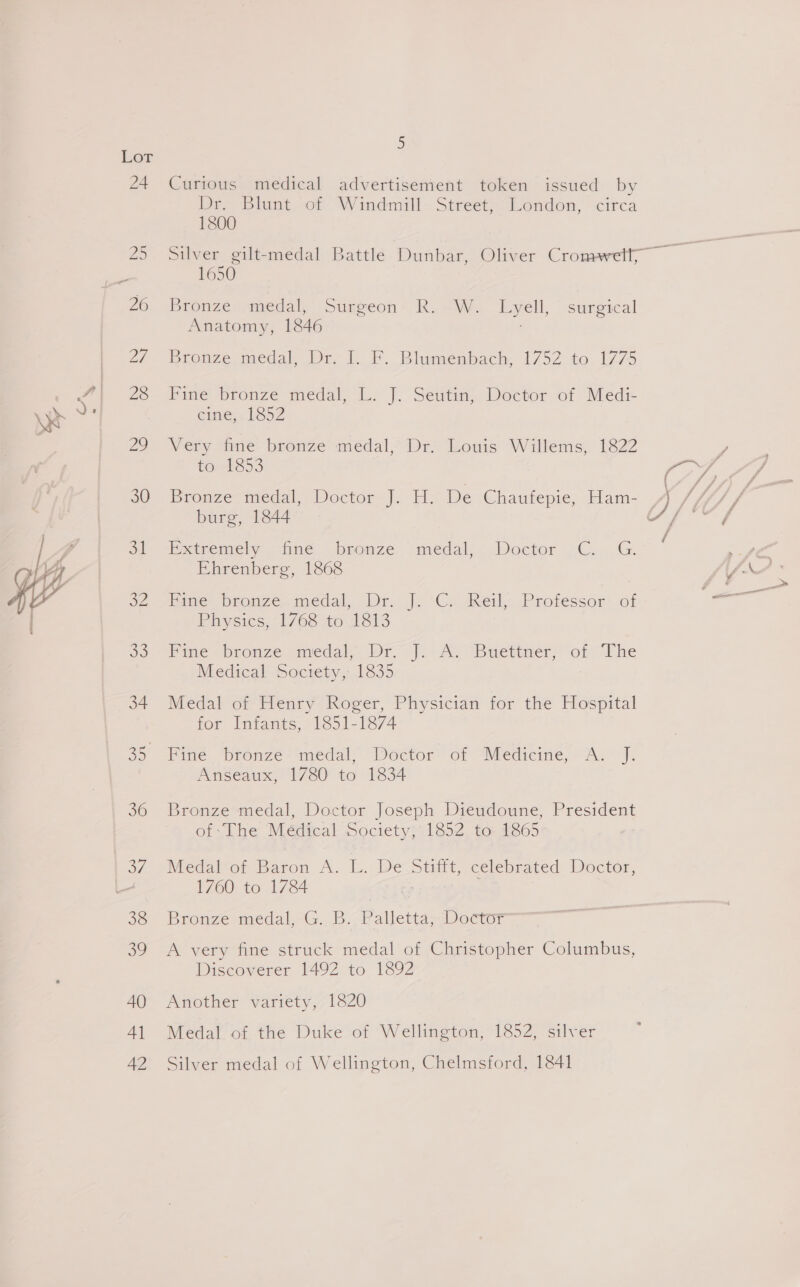 5 Lor 24 Curious medical advertisement token issued by Dr. Blunt of Windmill. Street, London, circa 1800 25 Silver gilt-medal Battle Dunbar, Oliver Cronwett, a 1650 26 Bronze medal, Surgeon R. W. Lyell, surgical Anatomy, 1846 27 Bronze. medal, Dr. I. F. Blumenbach, 1752 to 1775 “1 23 Fine bronze medal, L. J. Seutin, Doctor of Medi- We cine, 1852 ; 29 Wery fine. bronze meédal,’Dr Louis Willems, 1822 oo Brouze medal, Doctor |. H. De Chaufepie, Ham- y / fy y burg, 1844 SS ee eo! “Pxtrenely “ine bronze. medal, Doctor CC. ..G. : ca Ehrenberg, 1868 f- ° 32 -Bine bronze..medal, Dr. J. 'C. AXeil,. Professor’ of Er acon  Physics, 1768 to de13 30 Hine bronze sedal, br, |. A. -Buetuer of “The Medical Society, 1835 34 Medal of Henry Roger, Physician for the Hospital for Infants, 1851-1874 35 Fine bronze medal, Doctor of Medicine, A. J. Anseaux, 1780 to 1834 36 Bronze medal, Doctor Joseph Dieudoune, President of ‘The Médical Society; 1852. to: 1865 37 Medal of Baron A. L. De Stifft, celebrated Doctor, s. 1760 to 1784 aa $e Bronze medal.-G., B. Palletta--Doctor 39 A very fine struck medal of Christopher Columbus, Discoverer 1492 to. 1392 40 Another variety, 1820 41 Medal of the Duke of Wellington, 1852, silver 42 Silver medal of Wellington, Chelmsford, 1841