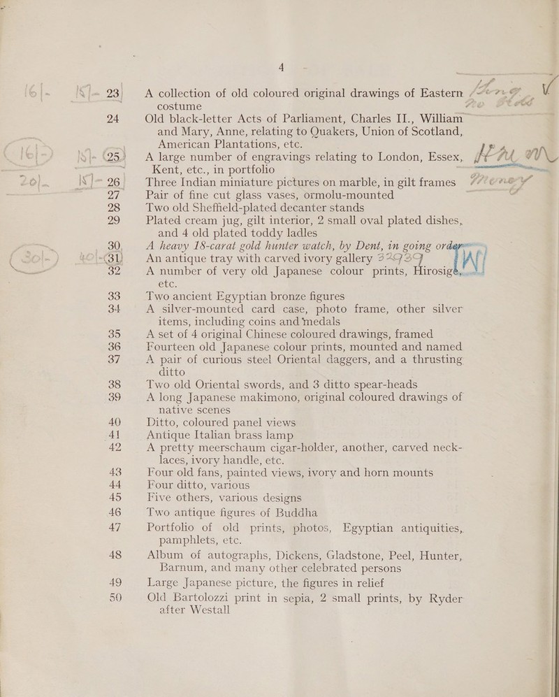 24 28 29 32 33 34 35 36 37 38 39 40 Al 49 43 44 45 46 47 48 4 z A collection of old coloured original drawings of Eastern -&lt; 78 © costume vio Pte Old black-letter Acts.of Parliament, Charles II., William ~~ | and Mary, Anne, relating to Quakers, Union of Scotland, American Plantations, etc. Pe A large number of engravings relating to London, Essex, te 7 hi Kent, etc., in portfolio aa Three Indian miniature pictures on marble, in ik frames #7? enery” Pair of fine cut glass vases, ormolu- mounted Two old Sheffield-plated decanter stands Plated cream jug, gilt interior, 2 small oval plated dishes, and 4 old plated toddy ladles A heavy 18-cavat gold hunter watch, by Dent, in emt or —~ An antique tray with carved ivory gallery 2492 TW! A number of very old Japanese colour prints, Hirosigé,..... etc. Two ancient Egyptian bronze figures A silver-mounted card case, photo frame, other silver items, including coins and medals A set of 4 original Chinese coloured drawings, framed Fourteen old Japanese colour prints, mounted and named A pair of curious steel Oriental daggers, and a thrusting ditto Two old Oriental swords, and 3 ditto spear-heads A long Japanese makimono, original coloured drawings of native scenes Ditto, coloured panel views Antique Italian brass lamp A pretty meerschaum cigar-holder, another, carved neck- laces, ivory handle, etc. Four old fans, painted views, ivory and horn mounts Four ditto, various Five others, various designs Two antique figures of Buddha Portfolio of old prints, photos, Egyptian antiquities, pamphlets, etc. Album of autographs, Dickens, Gladstone, Peel, Hunter, Barnum, and many other celebrated persons Large Japanese picture, the figures in relief Old Bartolozzi print in sepia, 2 small prints, by Ryder after Westall