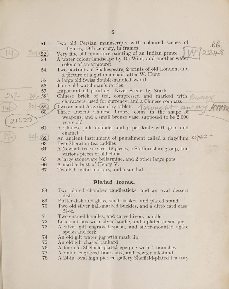 ol Two old Persian manuscripts with coloured scenes of ry : figures, 18th century, in frames erry es . 52) Very fine old miniature painting of an Indian prince ZV Gt bn. Go pope 53 A water colour landscape by De Wint, and another water™ colour of an armourer 54 Two portraits of Shakespeare, 2 prints of old London, and a picture of a girl in a chair, after W. Hunt Se A large old Swiss double-handled sword 56 Three old watchman’s rattles 57 Important oil painting—River Scene, by Stark -(62) An ancient instrument of punishment called a flagellum 63 Two Sheraton tea caddies 64 A Newhall tea service, 16 pieces, a Staffordshire group, and various pieces of old china 65 A large stoneware bellarmine, and 2 une large pots 66 A marble bust of Henry V. 67 Two bell metal mortars, and a sundial Plated Items. 68 Twe plated chamber candlesticks, and an oval dessert dish 69 Butter dish and glass, small basket, and plated stand 70 Two old silver hall-marked buckles, and a ditto card case, 5t0z. 71 © Two enamel handles, and carved ivory handle V2 Cocoanut box with silver handle, and a plated cream jug 73 A silver gilt engraved spoon, and silver- mounted agate spoon and fork 74 An old gilt water jug with mask lip 75 An old gilt chased tankard 76 A fine old. Sheffield-plated epergne with 4 branches a7 A round engraved brass box, and pewter inkstand 78 A 24-in. oval high pierced gallery Sheffield-plated tea tray _ Ne JES 20\- 58\ Chinese brick of tea, compressed and marked with . | . Characters, used for currency, and a Chinese compass. (59) Two ancient Assyrian clay tablets “7 hA ences Bar x 60.“ Three ancient Chinese bronze coins in the shape of~ ie ee weapons, and a small bronze vase, supposed to be 2,000 162 &gt; nes old a —— 61 A Chinese jade cylinder and paper knife with gold and enamel