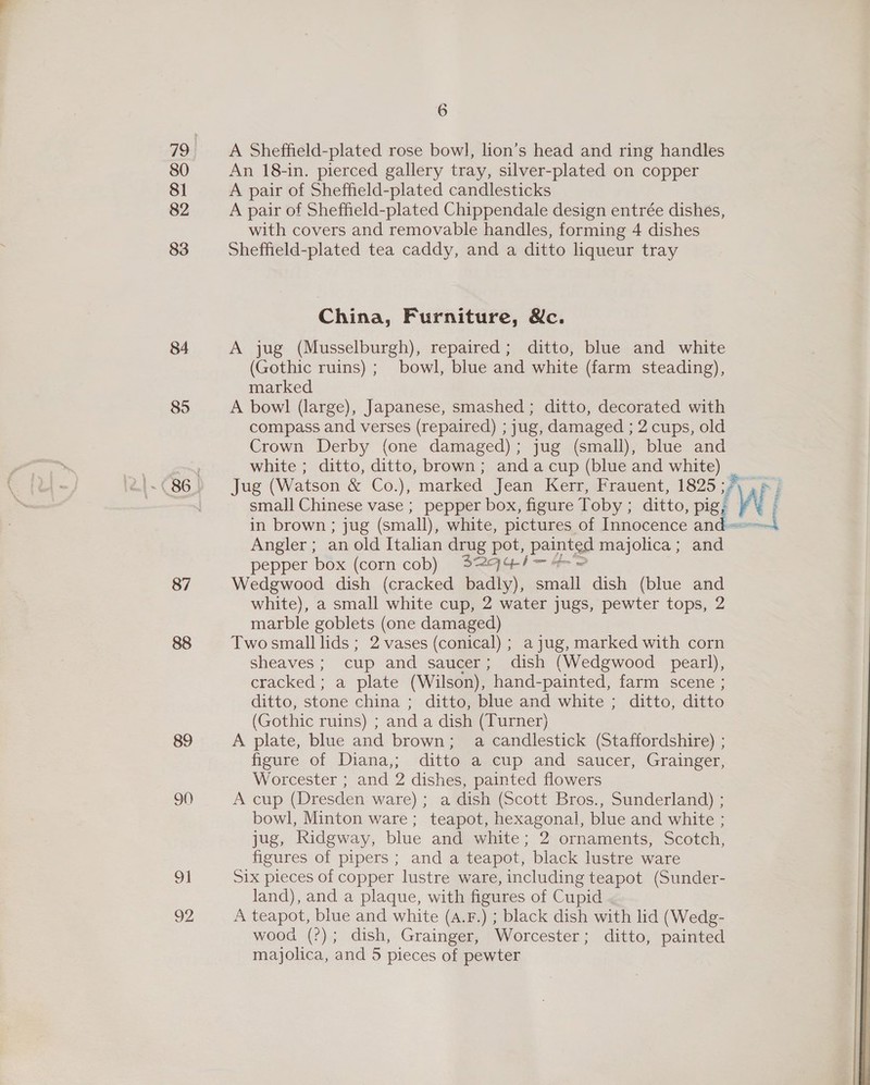 80 81 82 83 84 85 87 88 89 90 92 6 A Sheffield-plated rose bowl, lion’s head and ring handles An 18-in. pierced gallery tray, silver-plated on copper A pair of Sheffield-plated candlesticks A pair of Sheffield-plated Chippendale design entrée dishes, with covers and removable handles, forming 4 dishes Sheffield-plated tea caddy, and a ditto liqueur tray China, Furniture, &amp;c. A jug (Musselburgh), repaired; ditto, blue and white (Gothic ruins) ; bowl, blue and white (farm steading), marked A bowl (large), Japanese, smashed ; ditto, decorated with compass and verses (repaired) ; jug, damaged ; 2 cups, old Crown Derby (one damaged); jug (small), blue and white ; ditto, ditto, brown; anda cup (blue and white) in brown ; jug (small), white, pictures of Innocence an Angler ; an old Italian drug pot, painted majolica; and pepper box (corn cob) 324¢/— 4'= Wedgwood dish (cracked badly), small dish (blue and white), a small white cup, 2 water jugs, pewter tops, 2 marble goblets (one damaged) Two small lids ; 2 vases (conical) ; a jug, marked with corn sheaves; cup and saucer; dish (Wedgwood pearl), cracked ; a plate (Wilson), hand-painted, farm scene ; ditto, stone china ; ditto, blue and white ; ditto, ditto (Gothic ruins) ; and a dish (Turner) A plate, blue and brown; a candlestick (Staffordshire) ; figure of Diana,; ditto a cup and saucer, Grainger, Worcester ; and 2 dishes, painted flowers A cup (Dresden ware) ; a dish (Scott Bros., Sunderland) ; bowl, Minton ware; teapot, hexagonal, blue and white ; jug, Ridgway, blue and white; 2 ornaments, Scotch, figures of pipers ; and a teapot, black lustre ware Six pieces of copper lustre ware, including teapot (Sunder- land), and a plaque, with figures of Cupid A teapot, blue and white (A.F.) ; black dish with lid (Wedg- wood (?); dish, Grainger, Worcester; ditto, painted majolica, and 5 pieces of pewter