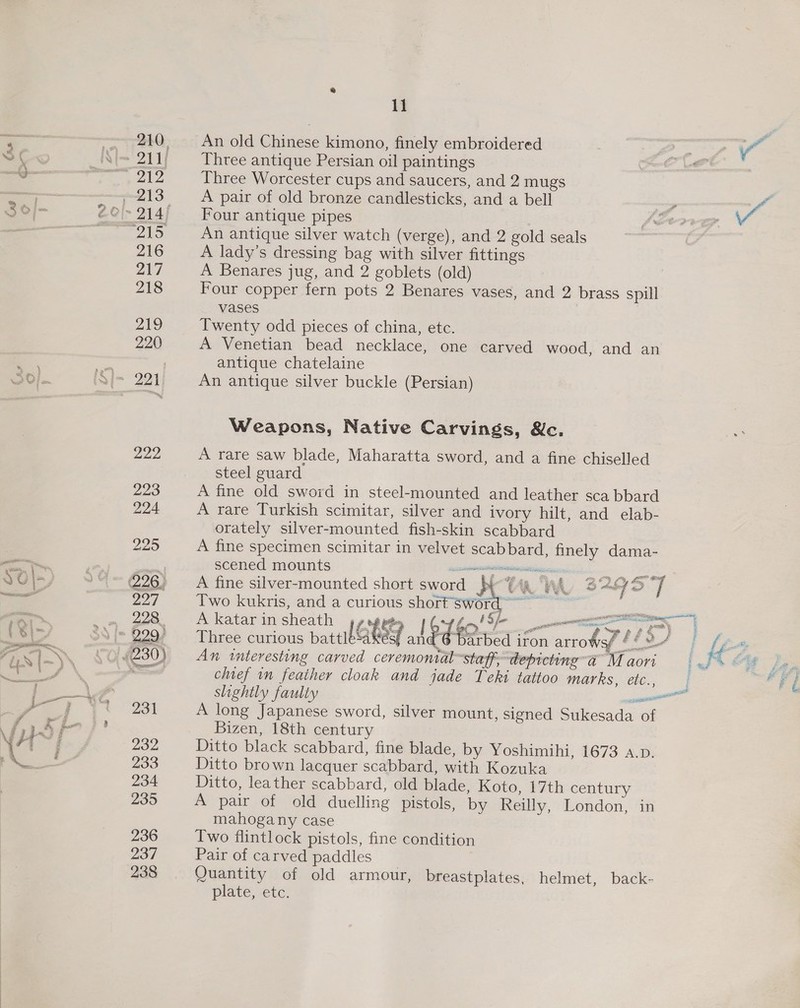 210. + An old Chinese kimono, finely embroidered ao Three Worcester cups and saucers, and 2 mugs 213 A pair of old bronze candlesticks, and a bell S15: An antique silver watch (verge), and 2 gold seals 216 A lady’s dressing bag with silver fittings 217 A Benares jug, and 2 goblets (old) 218 Four copper fern pots 2 Benares vases, and 2 brass spill vases 219 Twenty odd pieces of china, etc. 220 A Venetian bead necklace, one carved wood, and an antique chatelaine Weapons, Native Carvings, Wc. DINE A rare saw blade, Maharatta sword, and a fine chiselled steel guard 223 A fine old sword in steel-mounted and leather sca bbard 224 A rare Turkish scimitar, silver and ivory hilt, and elab- orately silver-mounted fish-skin scabbard 225 A fine specimen scimitar in velvet scabbard, cys dama- : scened mounts meats 226. A fine silver-mounted short proud Y € wh. HA mug a ae 227 Two kukris, and a curious shareswong £230) An interesting carved ceremonial “staff; depicting ta cee aori ae chief in feather cloak and jade Teki tattoo marks, etc., 231 A long Japanese sword, silver mount, signed Sukesada of Bizen, 18th century 232 Ditto black scabbard, fine blade, by Yoshimihi, 1673 a.p. 233 Ditto brown lacquer scabbard, with Kozuka 234 Ditto, leather scabbard, old blade, Koto, 17th century 235 A pair of old duelling pistols, by Reilly, London, in mahogany case 236 Two flintlock pistols, fine condition 237 Pair of carved paddles 238 Quantity of old armour, breastplates, helmet, back- plate, etc.