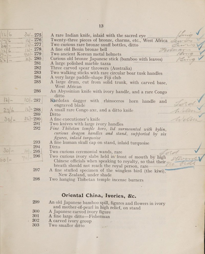 293 297 298 299 300 301 303 13 A rare Indian knife, inlaid with the sacred eye __ per Twenty-three pieces of bronze, charms, etc., West Africa « Two curious rare bronze snuff bottles, ditto A fine old Benin bronze bell Poet | Two ancient Korean metal helmets ater ior Curious old bronze Japanese stick (bamboo with leaves) J Gere A large polished marble tazza Three carved spear throwers (Australia) Two walking sticks with rare circular boar tusk handles A very large paddle-shape Fiji club | A large drum, cut from solid trunk, with carved base, West African An Abyssinian knife with ivory handle, and a rare Congo ditto Kardofan dagger with rhinoceros horn handle and engraved blade | A small rare Congo axe, and a ditto knife Ditto A fine executioner’s knife Two knives with large ivory handles Fine Thibetan temple koro, lid surmounted with kylin, curious dragon handles and stand, supported by six figures, laid turquoise A fine human skull cap on stand, inlaid turquoise Ditto Two curious ceremonial wands, rare Two curious ivory slabs held in*front of mouth by na jinn Chinese officials when speaking to royalty, so that their. &lt;=“. breath should not reach the royal person, rare — A fine stuffed specimen of the wingless bird (the iw New Zealand, under shade Two hanging Thibetan temple incense burners Oriental China, Ivories, &amp;c. An old Japanese bambco spill, figures and flowers in ivory and mother-of-pearl in high relief, on stand A Japanese carved ivory figure A fine large ditto—Fisherman A carved ivory group Two smaller ditto