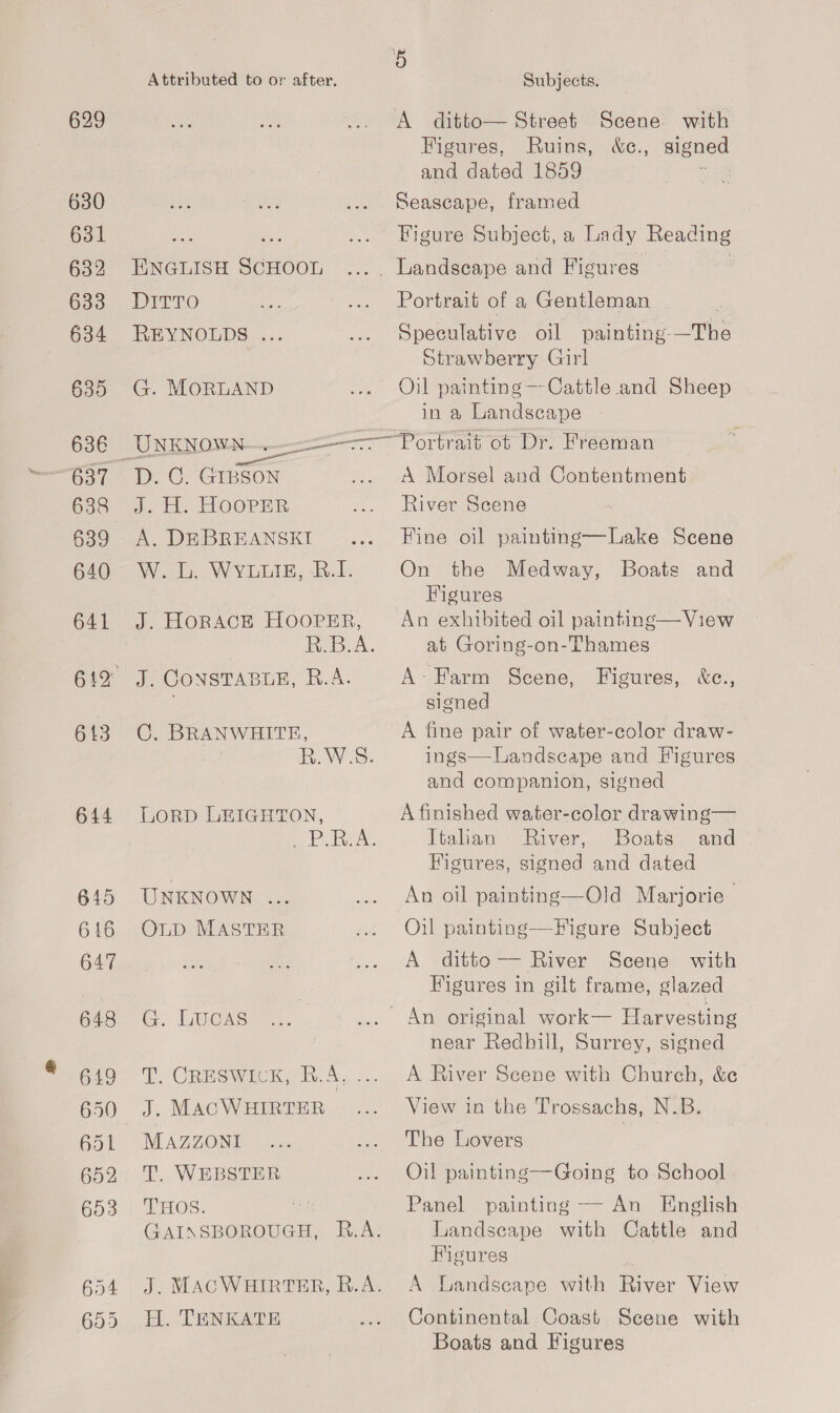 629 630 631 632 633 634 635 636 638 639 640 641 644 6495 616 647 648 649 651 652 653 Attributed to or after. ENGLISH SCHOOL DITTO REYNOLDS ... G. MORLAND Dm. ©: GiiSon JE HOOPER A. DEBREANSKI W. L. WYLLIE, B.I. J. HORACE HOOPER, C,. BRANWHITE, LORD LEIGHTON, UNKNOWN ... OLD MASTER G. LUCAS J. MACWHIRTER- MAZZONI T. WEBSTER THOS. ei H. TENKATE 5 Subjects. A ditto— Street Scene with Figures, Ruins, &amp;c., signed and dated 1859 se Pek Seascape, framed Figure Subject, a Lady Reading Portrait of a Gentleman | Speculative oil painting-—The Strawberry Girl Oil painting --Cattle and Sheep in a Landseape A Morsel and Contentment River Scene Fine oil painting—Lake Scene On the Boats and Figures An exhibited oil painting—View at Goring-on-Thames Medway, A-Farm Scene, Figures, &amp;c., signed A fine pair of water-color draw- ings—Landseape and Figures and companion, signed A finished water-color drawing— Italian River, Boats and Figures, signed and dated An oil painting—Old Marjorie Oil painting—Figure Subject A ditto — River Scene with Figures in gilt frame, glazed near Redhill, Surrey, signed A River Scene with Church, &amp;e View in the Trossachs, N.B. The Lovers | Oil painting——Going to School Panel painting An English Landseape with Cattle and Figures  A Landscape with River View Continental Coast Scene with Boats and Figures