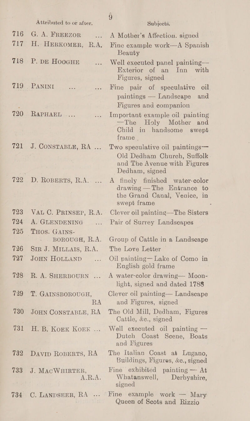 716 717 718 719 720 721 123 724 725 726 727 128 129 730 731 732 733 134 Attributed to or after. G. A. FREEZOR H.. HERKOMER, R.A, P. DE HOoOGHE PANINI RAPHAEL J. CONSTABLE, RA ... A. GLENDENING THOS. GAINS- BOROUGH, R.A. SIR J. MILLAIS, R.A. JOHN HOLLAND T. GAINSBOROUGH, RA JOHN CONSTABLE, RA fei KOEK KOEK ...: DAVID ROBERTS, RA J. MACWHIRTER, A.R.A. C. LANDSHER, RA Subjects. A Mother’s Affection. signed Fine example work—A Spanish Beauty Well executed panel painting— Exterior of an Inn with Figures, signed Fine pair of speculative oil paintings — Landscape and Figures and companion Important example oil painting —The: Holy Mother and Child in handsome _ swept frame Two speculative oil paintings Old Dedham Church, Suffolk and The Avenue with Figures Dedham, signed A finely finished water-color drawing — The Entrance to the Grand Canal, Venice, in swept frame Clever oil painting—The Sisters Pair of Surrey Landscapes Group of Cattle in a Landscape The Love Letter English gold frame A water-color drawing— Moon- light, signed and dated 1788 Clever oil painting— Landscape and Figures, signed The Old Mill, Dedham, Figures Cattle, &amp;e., signed Well executed oil painting — Dutch Coast Scene, Boats and Higures The Italian Coast at Lugano, Buildings, Figures, &amp;c., signed Fine exhibited painting —~ At Whatanswell, Derbyshire, signed Fine example work — Mary Queen of Scots and Rizzio
