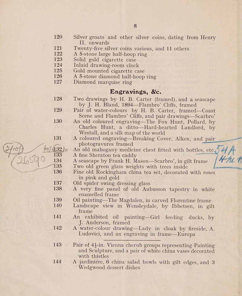 120 121 122 123 124 125 126 127 128 129 130 143 144 8 Silver groats and other silver coins, dating from Henry II. onwards Twenty-five silver coins various, and 11 others A 5-stone large half-hoop ring Solid gold cigarette case Inlaid drawing-room clock Gold mounted cigarette case A 5-stone diamond half-hoop ring Diamond marquise ring Engravings, &amp;c. Two drawings by H. B. Carter (framed), and a seascape by J. H. Bland, 1894—Flambro’ Cliffs, framed Pair of water-colours by H. B. Carter, framed—Coast Scene and Flambro’ Cliffs, and pair drawings—Scarbro’ An old coloured engraving—The Fox Hunt, Pollard, by Charles Hunt, a ditto—Hard-hearted Landlord, by Westall, anda silk map of the world A coloured engraving—Breaking Cover, Alken, and pair photogravures framed tis A seascape by Frank H. Mason—Scarbro’, in gilt frame Two old green glass weights with trees inside Fine old Rockingham china tea set, decorated with roses in pink and gold Old spider swing dressing glass A very fine panel of old Aubusson tapestry in white enamelled frame Oil painting—The Magdalen, in carved Florentine frame Landscape view in Wensleydale, by Ibbetsen, in gilt frame An exhibited oil painting—Girl feeding ducks, by J. Anderson, framed A water-colour drawing—Lady in cloak by fireside, A. Ludovici, and an engraving in frame—Europa Pair of 4$-in. Vienna cherub groups representing Painting and Sculpture, and a pair of white china vases decorated with thistles A jardiniere, 6 china salad bowls with gilt edges, and 3 ‘ Wedgwood dessert dishes