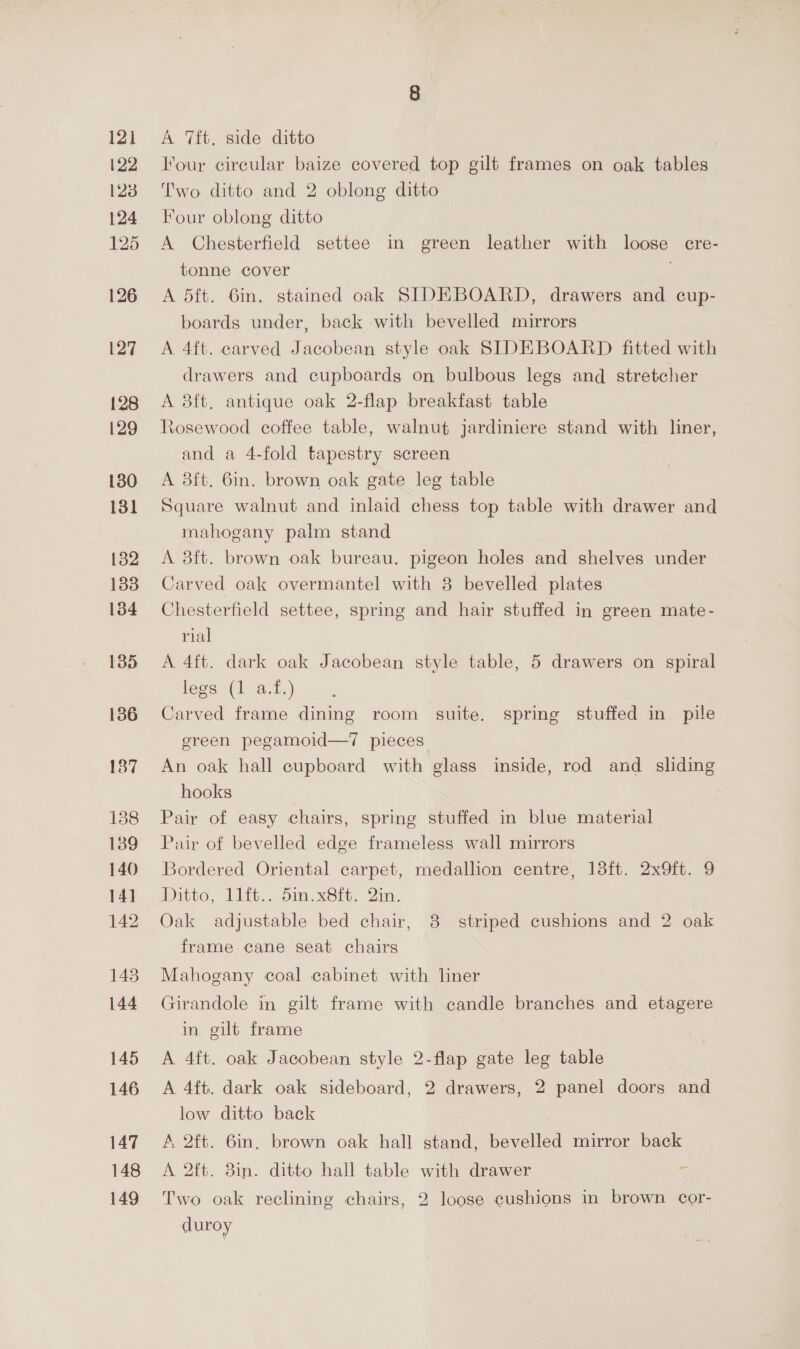 121 122 128 125 127 128 129 130 131 132 1383 134 135 136 137 138 139 140 14] 142 143 144 145 146 147 148 149 A 7ft. side ditto Four circular baize covered top gilt frames on oak tables Two ditto and 2 oblong ditto Four oblong ditto A Chesterfield settee in green leather with loose cere- tonne cover A dft. 6in, stained oak SIDEBOARD, drawers and cup- boards under, back with bevelled mirrors A 4ft. carved Jacobean style oak SIDEBOARD fitted with drawers and cupboards on bulbous legs and stretcher A 8ft, antique oak 2-flap breakfast table Rosewood coffee table, walnut jardiniere stand with liner, and a 4-fold tapestry screen A 8ft. 6in. brown oak gate leg table Square walnut and inlaid chess top table with drawer and mahogany palm stand A 3ft. brown oak bureau. pigeon holes and shelves under Carved oak overmantel with 38 bevelled plates Chesterfield settee, spring and hair stuffed in green mate- rial A 4ft. dark oak Jacobean style table, 5 drawers on spiral legs- (1 a4.) Carved frame dining room suite. spring stuffed in pile ereen pegamoid—7 pieces An oak hall cupboard with glass inside, rod and _ sliding hooks Pair of easy chairs, spring stuffed in blue material Pair of bevelled edge frameless wall mirrors Bordered Oriental carpet, medallion centre, 13ft. 2x9ft. 9 Hitio, 2106. bia. xSit, Zin. Oak adjustable bed chair, 8 striped cushions and 2 oak frame cane seat chairs Mahogany coal cabinet with liner Girandole in gilt frame with candle branches and etagere in gilt frame A 4ft. oak Jacobean style 2-flap gate leg table A 4ft. dark oak sideboard, 2 drawers, 2 panel doors and low ditto back A 2ft. 6in. brown oak hall stand, bevelled mirror back A 2ft. 3in. ditto hall table with drawer - Two oak reclining chairs, 2 loose cushions in brown cor- duroy
