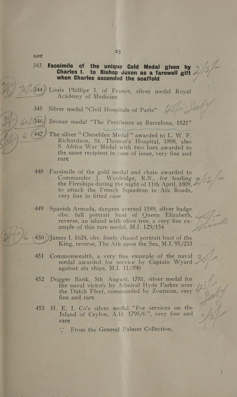 343 — 448 449 _ al 451 452 453 25 Facsimile of the unique Cold Medal given by ~ Charles |. to Bishop Juxon as a farewell gift — when Charles ascended the scaffold Academy of Medicine Silver medal “Civil Hospitals of Paris” Richardson, St. Thomas’s Hospital, 1898, also S. Africa War Medal with two bars awarded to the same recipient in case of issue, very fine and rare Facsimile of the gold medal and chain awarded to Commander J. Woolridge, R.N., for leading » the Fireships during the night of 11th April, 1809, # to attack the French Squadron in Aix Roads, very fine in fitted case Spanish Armada, dangers averted 1589, silver badge obv. full portrait bust of Queen Elizabeth, reverse, an island with olive tree, a very fine ex- ample of this rare medal, M.I. 129/154 | King, reverse, The Ark upon the Sea, M.I. 95/233 Commonwealth, a very fine example of the naval 9. medal awarded for service by Captain Wyard ‘ against six ships, M.I. 11/390 Dogger Bank, 5th August, 1781, silver medal for the naval victory by Admiral Hyde Parker over. /;: the Dutch Fleet, commanded by Zoutman, very fine and rare H. E. I. Co’s silver medal “For services on the Island of Ceylon, A.D. 1795/6”, very fine and rare . From the General Palmer Collection,