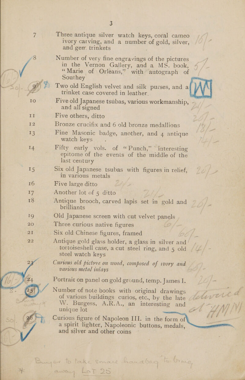 7 Three antique silver watch keys, coral cameo ivory carving, and a number of gold, silver, and gerr. trinkets  2 Number of very fine engravings of the pictures in the Vernon Gallery, and a MS. book, 4 “Marie of Orleans,’ with autograph of % Southey ‘ies &lt;n). (ff ¥) Two old English velvet and silk purses, and aj | Ae trinket case covered in leather. : IO Five old Japanese tsubas, various workmanship, - and all signed II Five others, ditto 12 Bronze crucifix and 6 old bronze medallions 13 Fine Masonic badge, another, and 4 antique watch keys 14 Fifty early vols. of “Punch,” “interesting epitome of the events of the middle of the last century 15 Six old Japanese tsubas with figures in relief, in various metals 16 Five large ditto 1 ae Another lot of 5 ditto 18 Antique brooch, carved lapis set’ in gold and brilliants 19 Old Japanese screen with cut velvet panels 20 Three curious native figures 21 Six old Chinese figures, framed 22 _—« Antique gold glass holder, a glass in silver aie tottoiseshell case, a cut steel ring, and 5 old, /¢ steel watch keys Curtous old picture on wood, composed of ivory and various metal inlays  Portrait on panel on gold ground, temp. James I. Se DQ Number of note books with original drawings of various buildings curios, etc., by the late &lt;&lt; **% W. Burgess, A.K.A.,. an interesting and fp 4h unique lot : onl fof fi j  Py Curious figure of Napoleon III. in the form of ae a spirit lighter, Napoleonic buttons, medals, and silver and other coins 