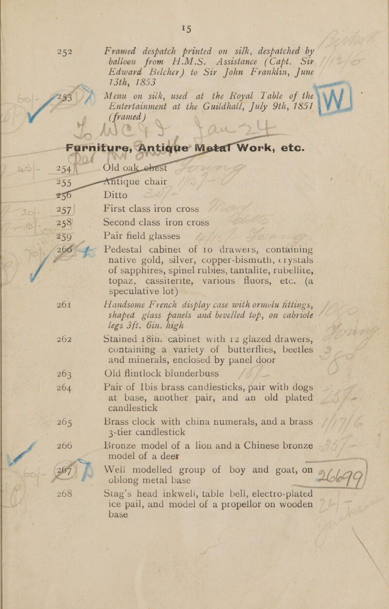 F 255 263 264 205   15 Framed despatch printed on silk, despatched by balloon from H.M.S. Assistance (Capt. Sw Edward Belcher) to Sw John Franklin, June 13th, 1853 Menu on stik, used at the Royal lable of the \' ! Entertainment at the Guildhall, ae 9th, 1857 ! i eae y)      Antithe ivi Work, etc. Old oa htique chair Ditto First class iron cross Second class iron cross Pair field glasses native gold, silver, copper-bismuth, crystals of sapphires, spinel rubies, tantalite, rubellite, topaz, cassiterite, various fluors, etc. (a speculative lot) Handsome French display case with ornwlu fittings, ae glass panels and bevelled top, on cabriole © legs 3ft. Oin. high Stained 181n. cabinet with 12 glazed diaweis: containing a variety of butterflies, beetles and minerals, enclosed by panel door | Old flintlock blunderbuss Pair of Ibis brass candlesticks, pair with dogs at base, another pair, and an old plated candlestick Brass clock with china numerals, and a brass 3-tier candlestick Bronze model of a lion and a Chinese bronze model of a deer aca Well modelled group of boy and goat, on a bg 19) atlo™  oblong metal base ° Stag’s head inkwell, table bell, electro-p lated ice pail, and model of a propellor on wooden base y