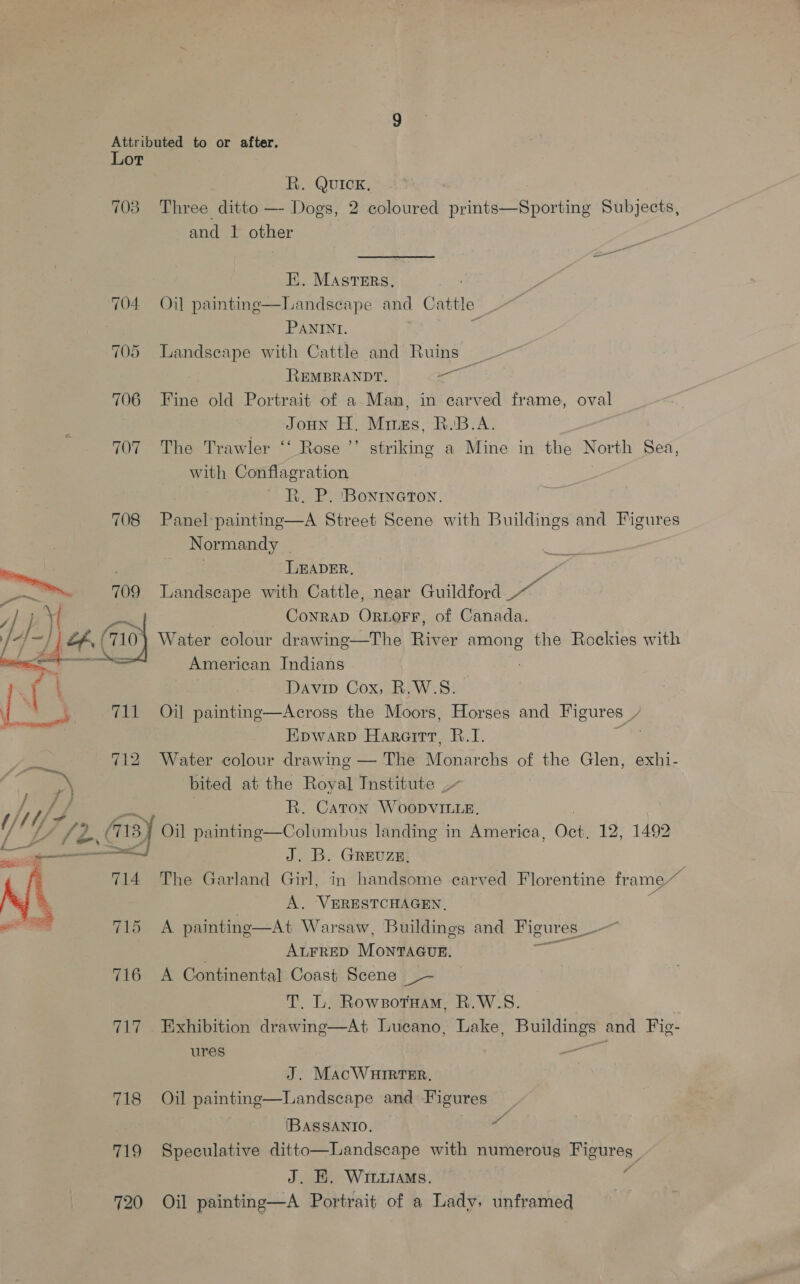 Lot R. Quick, Three ditto —- Dogs, 2 coloured prints—Sporting Subjects 708 and 1 other EH. MAsTERs, 704 Oj] painting—Landscape and Cattle PANINI. 705 Landseape with Cattle and Ruins _ REMBRANDT. Paes in carved frame, oval 706 Fine old Portrait of a Man JouHn H. Migs, R.B.A. striking a Mine in the North Sea 707 The Trawler ‘‘ Rose with Conflagration  ' RK. P. Bonreton. 708 Pees painting—A Street Scene with Buildings and Figures } Normandy | ae LEADER, a 709 Landscape with Cattle, near Guildford ae BS CoNRAD ORLOFr, of Canada. oA {710} Water colour drawing—The River among the Rockies with pt} ——— American Indians 5 Davip Cox, R.W.5S. : t 711 Oil painting—Acrosg the Moors, Horses and Figures , Epwarp Hareirr, R.1. ‘ 712 Water colour drawing — The Monarchs of the Glen, exhi- ae bited at the Royal Institute ~~ é / Pi R. Caton Woopvite, Lb Z vee a3 } Oil painting—Columbus landing in America, Oct. 12, 1492 a J. B. Grevze, : 714 The Garland Girl, in handsome earved Florentine frame“ A A. VERESTCHAGEN, ae tio, A painting—At Warsaw, Buildings and Figures_ ALFRED Monraaour. ee 716 A Continental Coast Scene - RowsotHam, R.W.S. Hy sd Exhibition drawing—At Lucano, Lake, Buildings and Fie- (2; ures J. MacWHIrtTEr, 718 Oil painting—Landscape and Figures IBASSANIO. x 719 Speculative ditto—Landscape with numerous Piouree J. EH, WItuiaMs. 720 Oil painting—A Portrait of a Lady, unframed