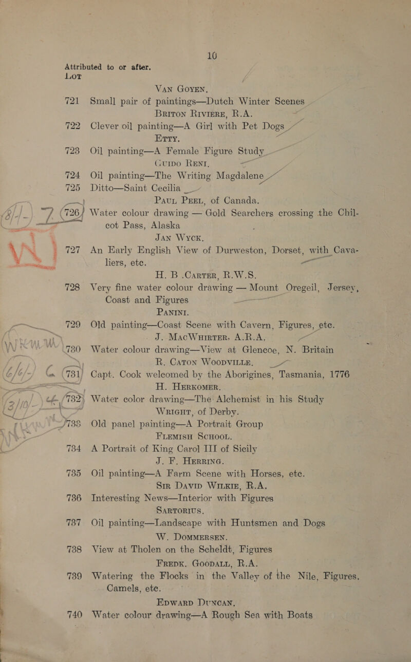 Attributed to or after. LOT VAN GOYEN, 721 Small pair of paintings—Dutch Winter Scenes Briton Riviere, R.A. ‘ 722 Clever oi] painting—A Girl w ith Pet Dogs ~ Erry. i 723 Oil paintng—A Female Figure Study GuIpO RENT, 724 Oil painting—The Writing Magdalene ~ 725 Ditto—Saint Cecilia Pavun PEEL, of Canada. wp 24 736) Water colour drawing — Gold Searchers crossing the Chil- a cot Pass, Alaska JAN Wyck. 727 An Early English View of Durweston, Dorset, with, Cava- hers, ete. sit H. B .Carter, R.W.S. 728 Very fine water colour drawing — Mou. Oregeil, Jersey, Coast and Figures Be, PANINI. 729 Old painting—Coast Scene with Cavern, Figures, ete. . J. MacWaurrrer, A.R.A, ; 780 Water colour drawing—View at Glencoe, N. Britain er. R. Caton WOODVILLE. = __ (« (731) Capt. Cook weleomed by the Aborigines, Tasmania, 1776 ——, H. HERKOMER. if (732, Water color drawing—The Alchemist in his Study Wricut, of Derby. /738 Old panel painting—A Portrait Group FLEMISH SCHOOL. 734 <A Portrait of King Carol IIT of Sicily J. F. HErrine. 735 Oil painting—A Farm Scene with Horses, ete. Sm Davip Wiuxts, R.A. 736 Interesting News—Interior with Figures SARTORIUS. 787 Oil painting—Landscape with Huntsmen and Dogs  W. DoMMERSEN. 738 View at Tholen on the Scheldt, Figures FREDK. GOoDALL, R.A. 739 Watering the Flocks in the Valley of the Nile, Figures, Camels, ete. EpwarpD DUNCAN, 740 Water colour drawing—A Rough Sea with Boats