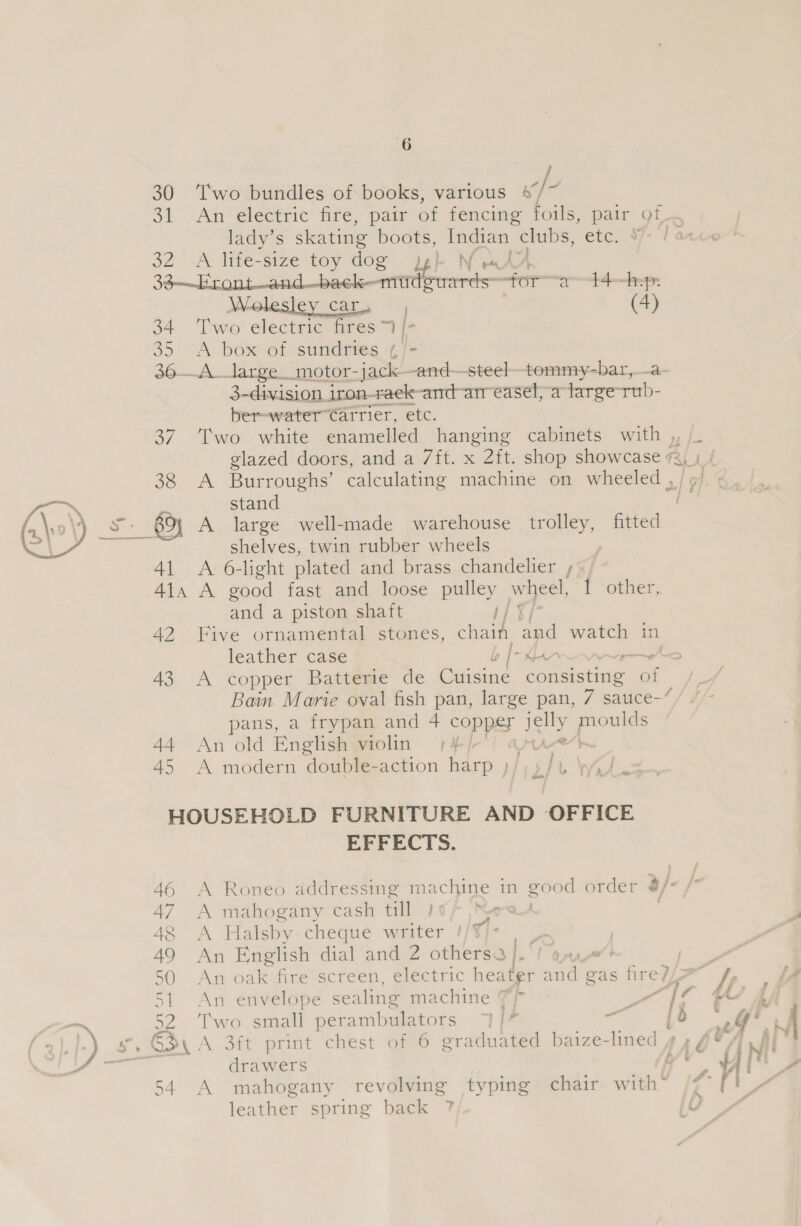  i lady’s skating boots, eet! ene: ete. 32 &lt;A life-size toy dog ipl N 33 Ei an ddidedaamleanencio rience “for—a—44 ship. Welesley car. (4) 34 Two electric fires ~ | 35 A box of sundries ¢/- 36A__large_motor-jack—and—steel-tommy-bar, —a 3-division. iron-raek-and-arr easel, atarge tub- tithe ber=water* Carrier, etc. glazed doors, and a 7ft. x 2ft. shop showcase 73 38 &lt;A Burroughs’ calculating machine on wheeled , stand Ss: 695 A large well-made warehouse trolley, fitted as 2h shelves, twin rubber wheels 41 A 6-light plated and brass chandelier ;«; 41a A good fast and loose pulley wheel, ft “other, and a piston shaft neds 42 Five ornamental stones, chain and watch in f 43 A copper Batterie de Cuisine consisting of Bain Marie oval fish pan, large pan, 7 sauce-’ pans, a frypan and 4 coppes i ‘hace 44 An old English violin + 4/ MAre“t 45 A modern double-action harp ) 2) L WA 22 HOUSEHOLD FURNITURE AND OFFICE EFFECTS. 46 A Roneo addressing machine in good order 2/ 47 A mahogany cash ll He 48 A Halsby. cheque writer !/' &gt; 49 An ee dial and 2 othersa | Je un’ 50 An oak fire screen, electric heater ae gas fire?/o 51 An envelope sez ing machine ¢/ : leather spring back 7 j