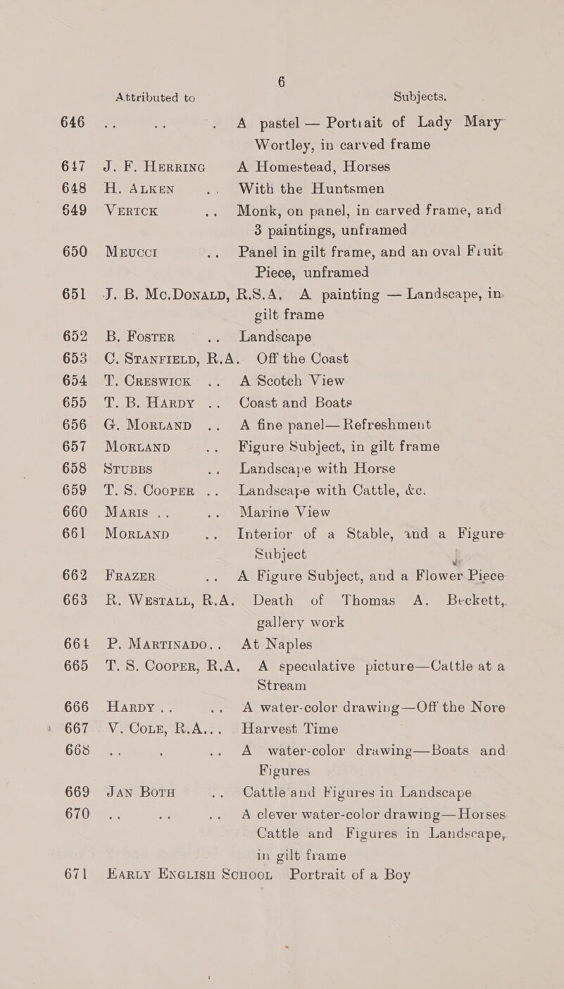 646 617 648 §49 650 651 652 653 654 655 656 657 658 659 660 661 662 663 664 665 666 667 668 669 670 Attributed to Subjects. A pastel — Portiait of Lady Mary Wortley, in carved frame J. F. HERRING A Homestead, Horses H. ALKEN .. With the Huntsmen VERTCK .. Monk, on panel, in carved frame, and 3 paintings, unframed MeEvccr .. Panel in gilt frame, and an oval Fruit Piece, unframed J. B. Mc.Donatp, R.S.A4. A painting — Landscape, in. gilt frame B. Foster .. Landscape C. STANFIELD, R.A. Off the Coast T. Creswick .. A Scotch View T. B. Harpy .. Coast and Boats G. Mortanp .. A fine panel— Refreshment Mor.anpD .. Figure Subject, in gilt frame STUBBS .. Landscape with Horse T.S. Cooppr .. Landscape with Cattle, &amp;c. Maris .. .. Marine View Mor.LaNnpd .. Interior of a Stable, and a Figure Subject I FRAZER .. A Figure Subject, and a Flower Piece R. Westatt, R.A. Death of Thomas A. Beckett, gallery work P. Martinabo.. At Naples T. S. Cooper, R.A. A speculative picture—Cattle at a Stream HARDY .. ., A water-color drawing—Off the Nore V. Cote, R.A... Harvest Time A water-color drawing—Boats and Figures JAN Boru .. Cattle and Figures in Landscape A clever water-color drawing— Horses Cattle and Figures in Landscape, in gilt frame Karty EnGLisu Scuoot Portrait of a Boy