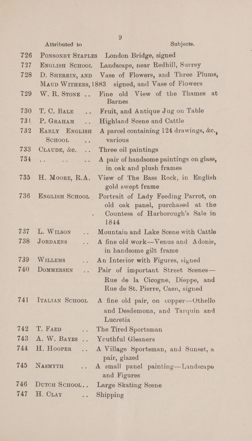 726 727 728 729 730 731 732 733 734 735 736 737 738 739 G40 741 742 743 744 745 746 747 Attributed to . ENGLISH SCHOOL D. SHERRIN, AND W.R. STONE .. T. C. BALE P, GRAHAM EARLY ENGLISH ScHOOL CLAUDE, Ke. Subjects. London Bridge, signed Landscape, near Redhill, Surrey Vase of Flowers, and Three Plums, signed, and Vase of Flowers Fine old View of the Thames at Barnes Fruit, and Antique Jug on Table Highland Scene and Cattle A parcel containing 124 drawings, é&amp;c., various Three oil paintings H. Moors, R.A. L. WILson J ORDAENS WILLEMS DoMMERSEN ITALIAN SCHOOL T. FAED A. W. Bayes .. H. Hooper NASMYTH Dutcu ScHooL.. H. Chay ~ in oak and plush frames View of The Bass Rock, in English gold swept frame Portrait of Lady Feeding Parrot, on old oak panel, purchased at the Countess of Harborough’s Sale in 1844 Mountain and Lake Scene with Cattle A fine old work—Venus and Adonis, in handsome gilt frame An Interior with Figures, signed Pair of important Street Scenes— Rue de la Cicogne, Dieppe, and Rue de St. Pierre, Caen, signed A fine old pair, on copper—Othello and Desdemona, and Tarquin and Lucretia The Tired Sportsman Youthful Gleaners A Village Sportsman, and Sunset, a pair, glazed A small panel painting— Landscape and Figures Large Skating Scene Shipping