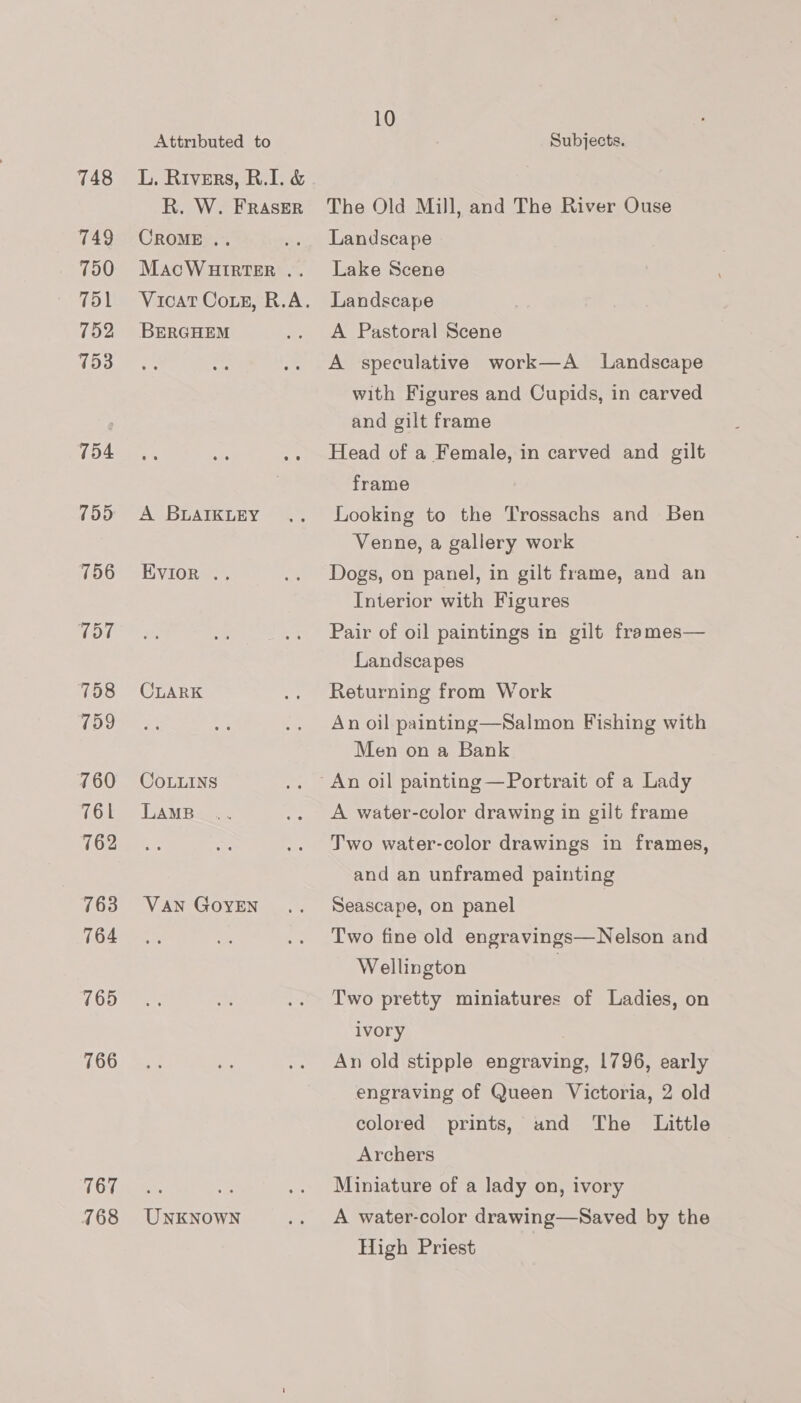 748 749 750 751 752 753 754 755 756 157 758 759 760 761 762 763 764 765 766 167 768 Attributed to L. Rivers, R.1. &amp; . R. W. FRASER CROME .. ‘ MacWHIRTER .. Vicat Coxe, R.A. BERGHEM A BLAIKLEY EVIOR .. CLARK CoLLiINs LAMB VAN GOYEN UNKNOWN 10 Subjects. The Old Mill, and The River Ouse Landscape Lake Scene Landscape A Pastoral Scene A speculative work—A Landscape with Figures and Cupids, in carved and gilt frame Head of a Female, in carved and gilt frame Looking to the Trossachs and Ben Venne, a gallery work Dogs, on panel, in gilt frame, and an Interior with Figures Pair of oil paintings in gilt frames— Landscapes Returning from Work An oil painting—Salmon Fishing with Men on a Bank A water-color drawing in gilt frame Two water-color drawings in frames, and an unframed painting Seascape, on panel Two fine old engravings—Nelson and Wellington | Two pretty miniatures of Ladies, on ivory An old stipple engraving, 1796, early engraving of Queen Victoria, 2 old colored prints, and The Little Archers Miniature of a lady on, ivory A water-color drawing—Saved by the High Priest